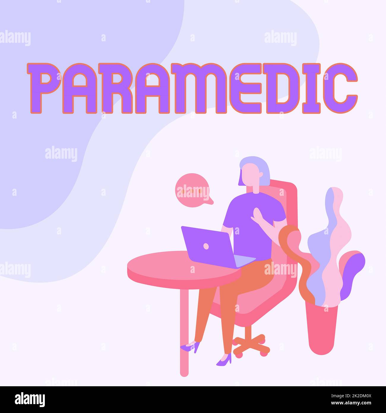 Hand writing sign Paramedic. Business concept a health worker having an expertise in emergency medical work Woman Sitting Office Desk Using Laptop With Speech Bubble Beside Plant. Stock Photo