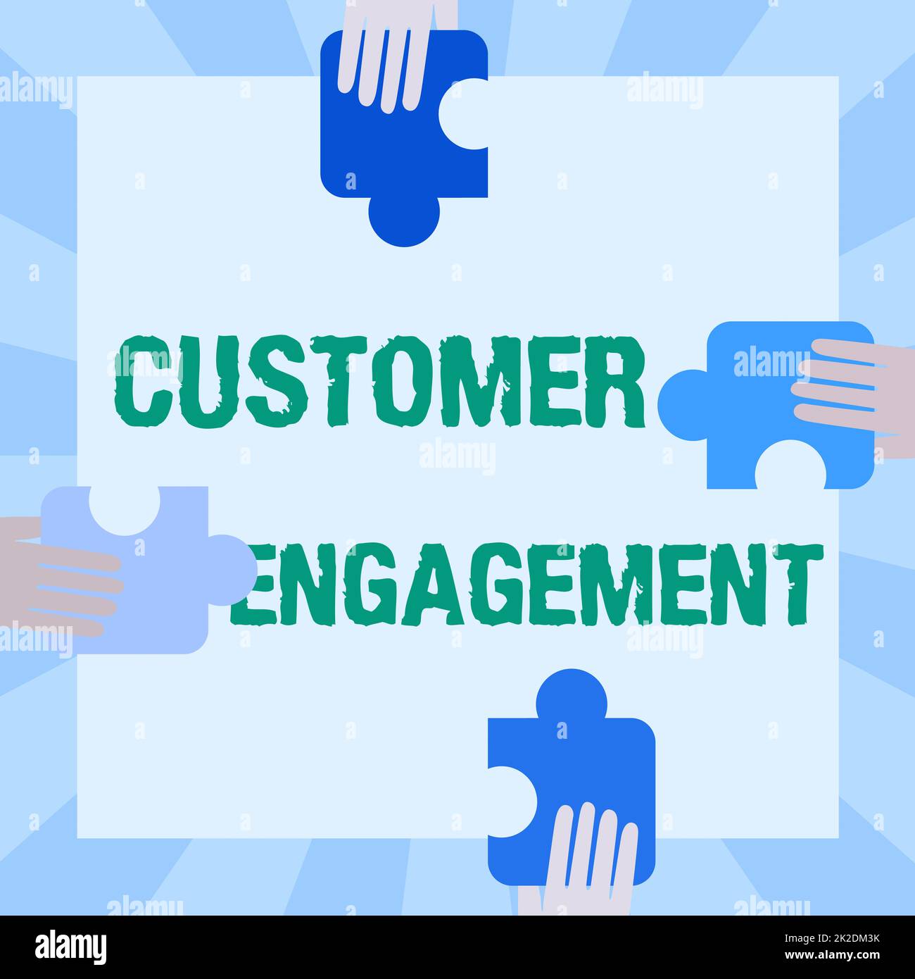 Conceptual display Customer Engagement. Conceptual photo the emotional connection between a customer and a brand Illustration Of Hands Holding Puzzle Pieces Each Sides Of Box. Stock Photo