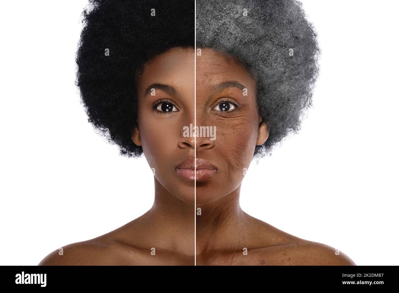 Comparison of young and elderly. African woman on white background. Stock Photo