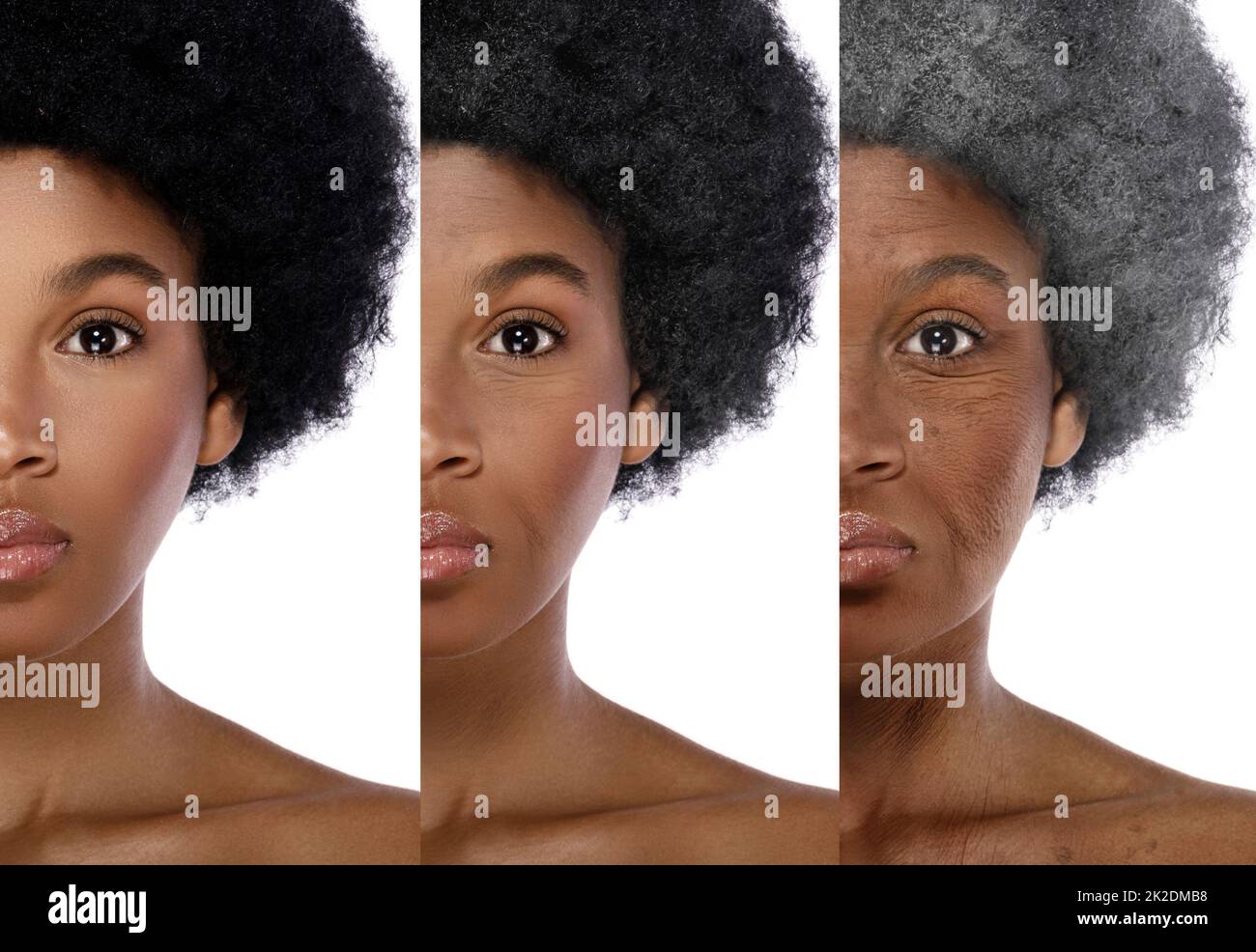 Comparison of young and elderly. African woman on white background. Stock Photo