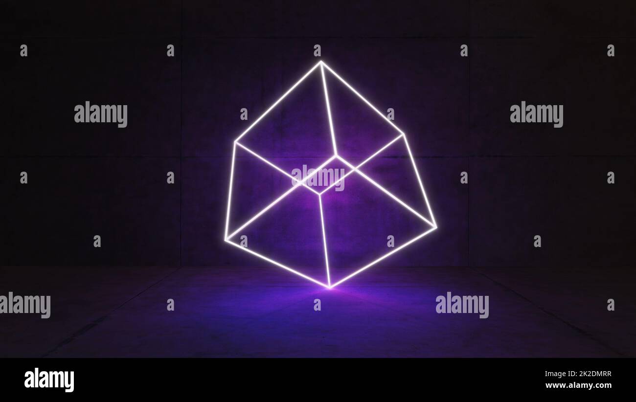 Cube wireframe concept illuminated by led neon light in concrete wall
