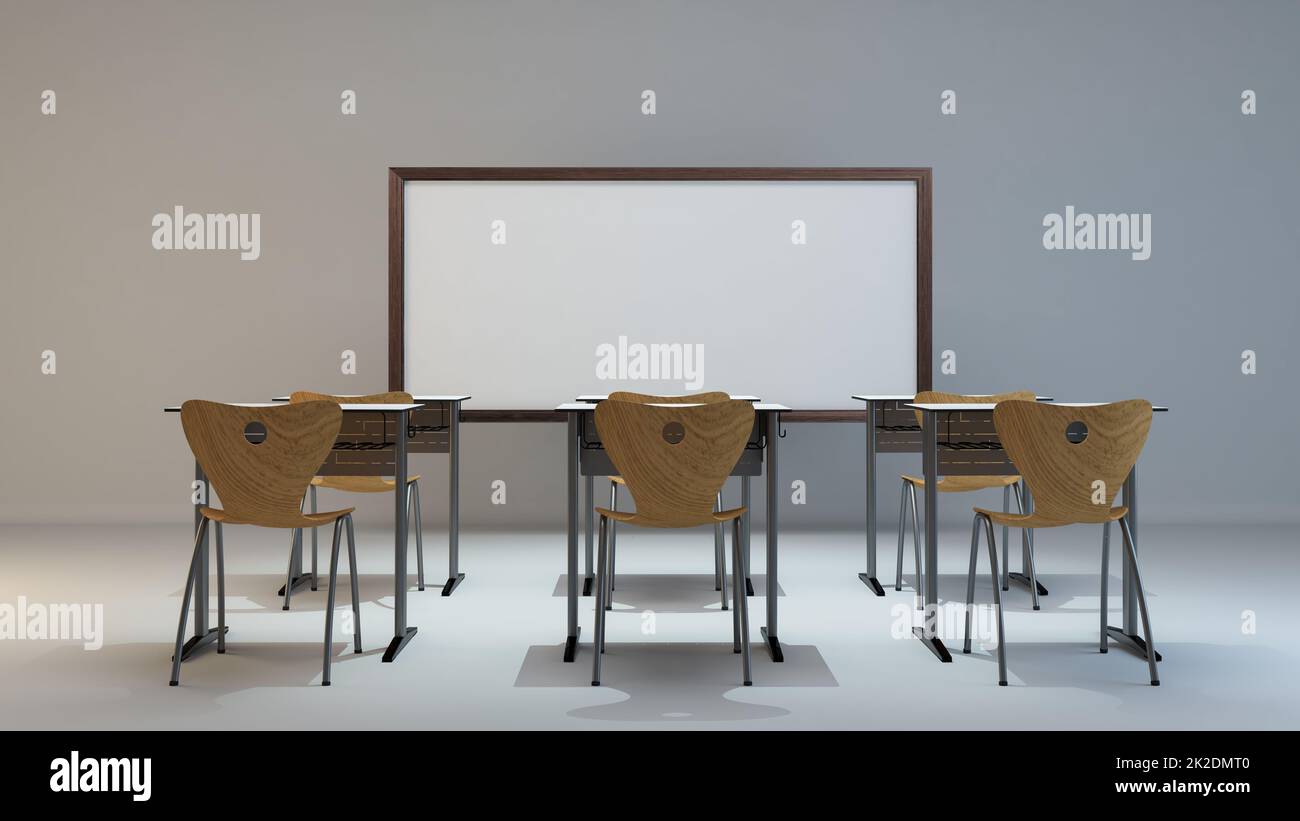 empty modern classroom concept with school furniture background 3D rendering Stock Photo