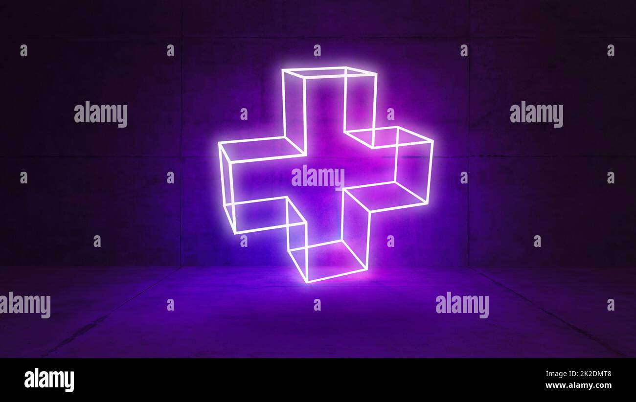 Plus Sign Concept Illuminated By Led Neon Light In Concrete Wall And