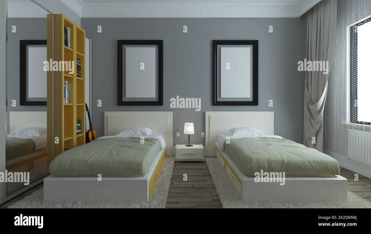 Modern dorm room twin bed with photo frame interior design 3D rendering