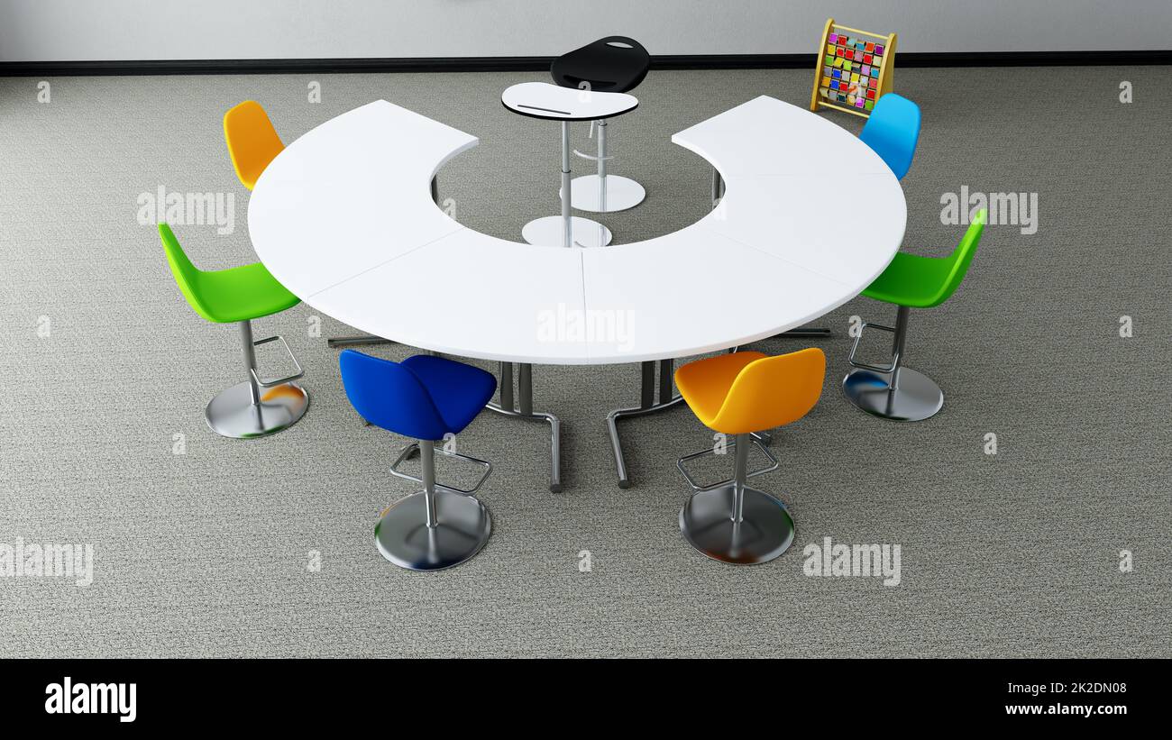 Preschool classroom idea with round table and colorful seat, carpet