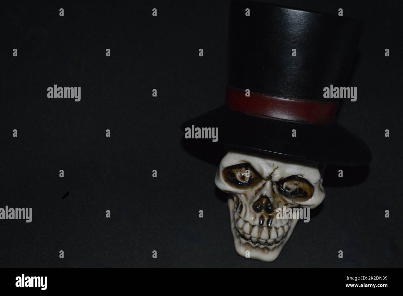 Voodoo skull with top hat in a dark room Stock Photo