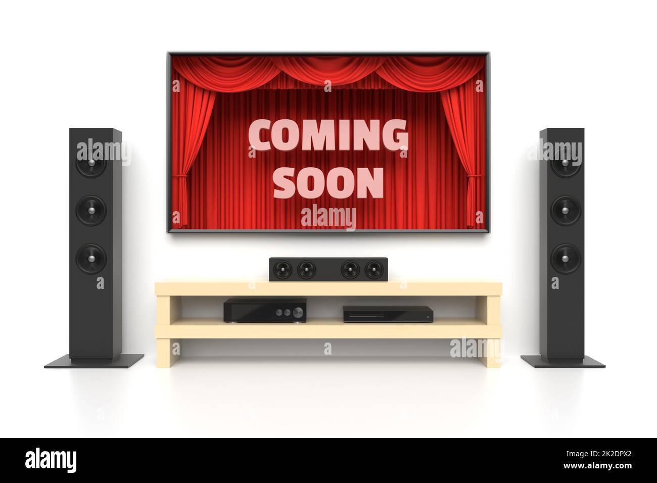 Coming Soon poster with home cinema isolated on white background Stock Photo