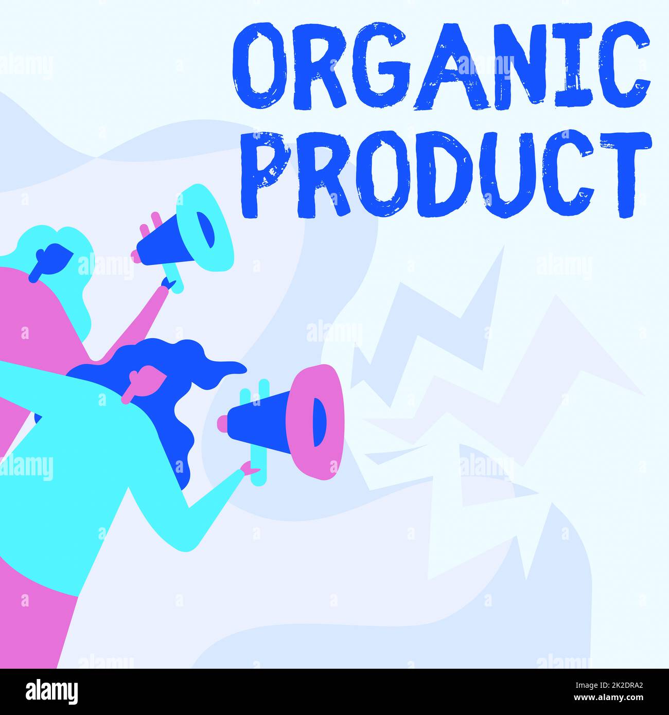 Conceptual caption Organic Product. Business showcase made from materials produced by organic agriculture Women Drawing Holding Megaphones Making Announcement To The Public. Stock Photo