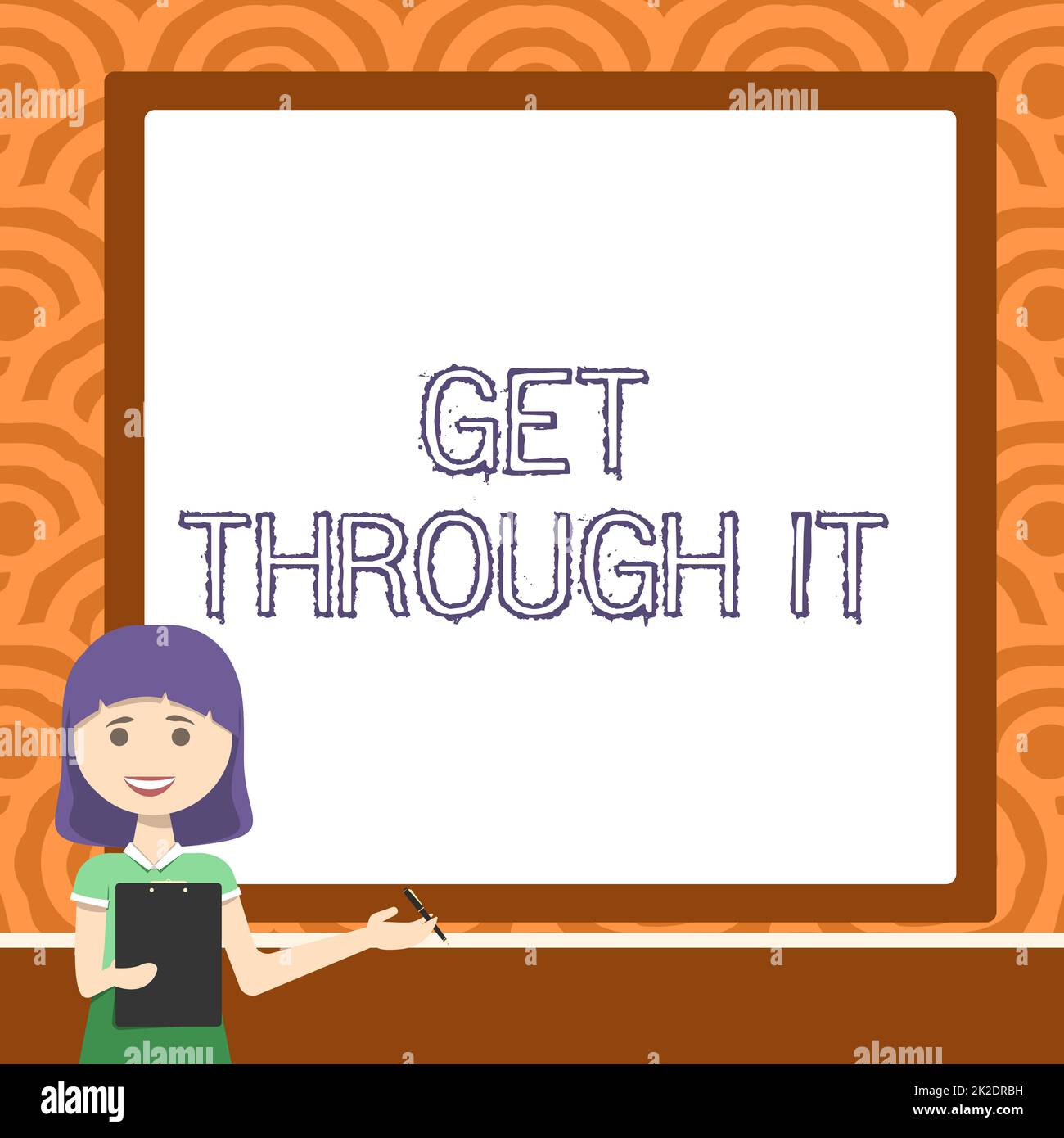 Handwriting text Get Through It. Business concept Overcome the obstacles Challenge Courage Empowerment Lady Drawing Standing Holding Clipboard Presenting New Ideas To Team Stock Photo