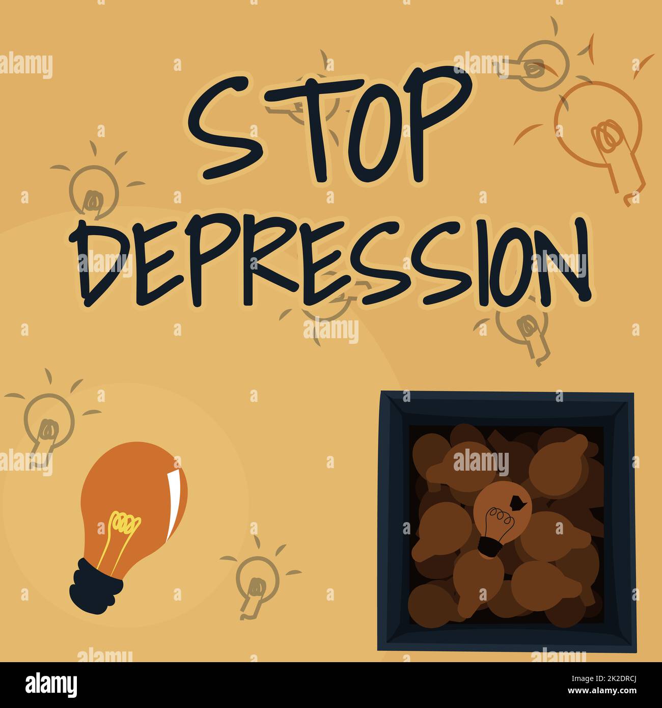 Conceptual display Stop Depression. Conceptual photo end the feelings of severe despondency and dejection Glowing Light Bulb Drawing In Box Displaying Fresh Discoveries. Stock Photo