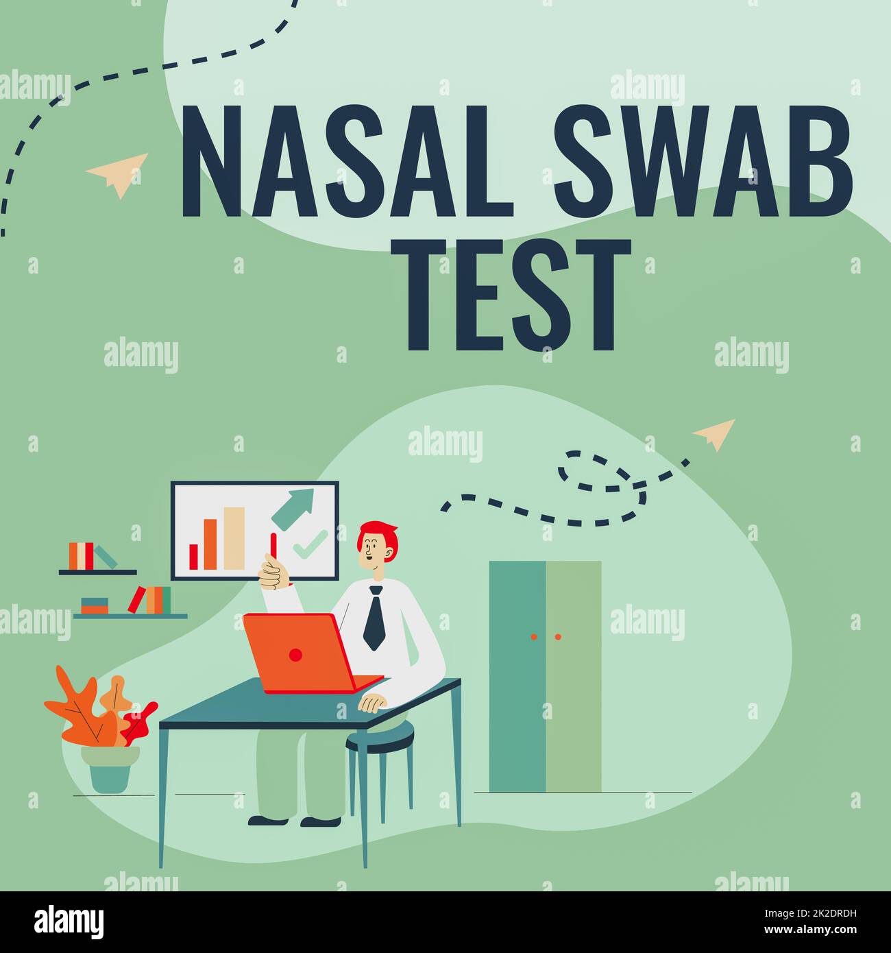 Handwriting text Nasal Swab Test. Word Written on diagnosing an upper respiratory tract infection through nasal secretion Man Sitting On Desk Working And Presenting New Technologies. Stock Photo