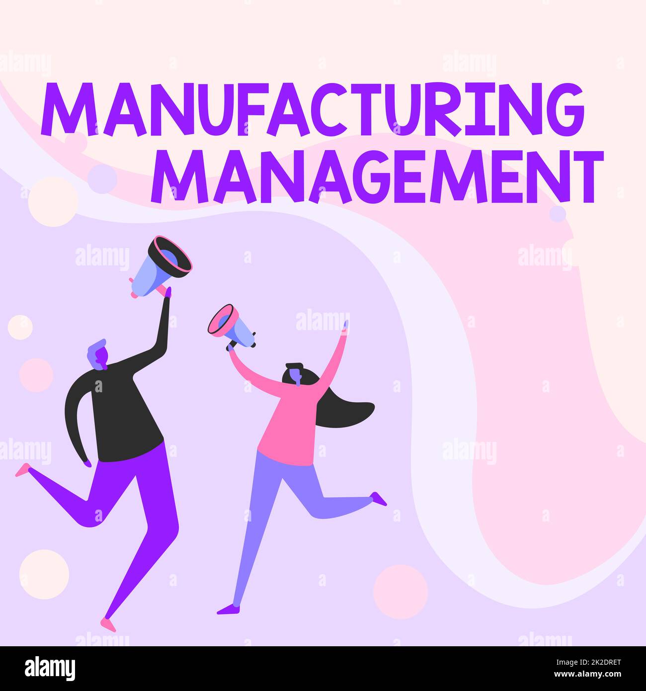 Inspiration showing sign Manufacturing Management. Business concept methods used to define how products manufactured Illustration Of Partners Jumping Around Sharing Thoughts Through Megaphone. Stock Photo