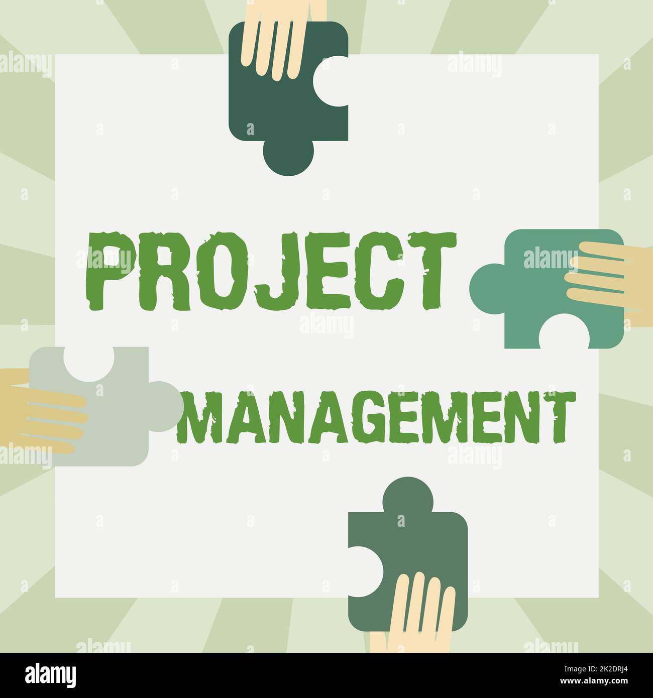 Conceptual caption Project Management. Conceptual photo Application Process Skills to Achieve Objectives and Goal Illustration Of Hands Holding Puzzle Pieces Each Sides Of Box. Stock Photo