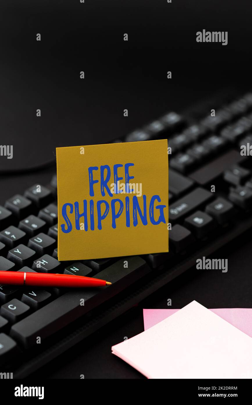 Writing displaying text Free Shipping. Business approach retailing strategy primarily used to attract more customers Typing Cooking Instructions And Ingredient Lists, Making Online Food Blog Stock Photo