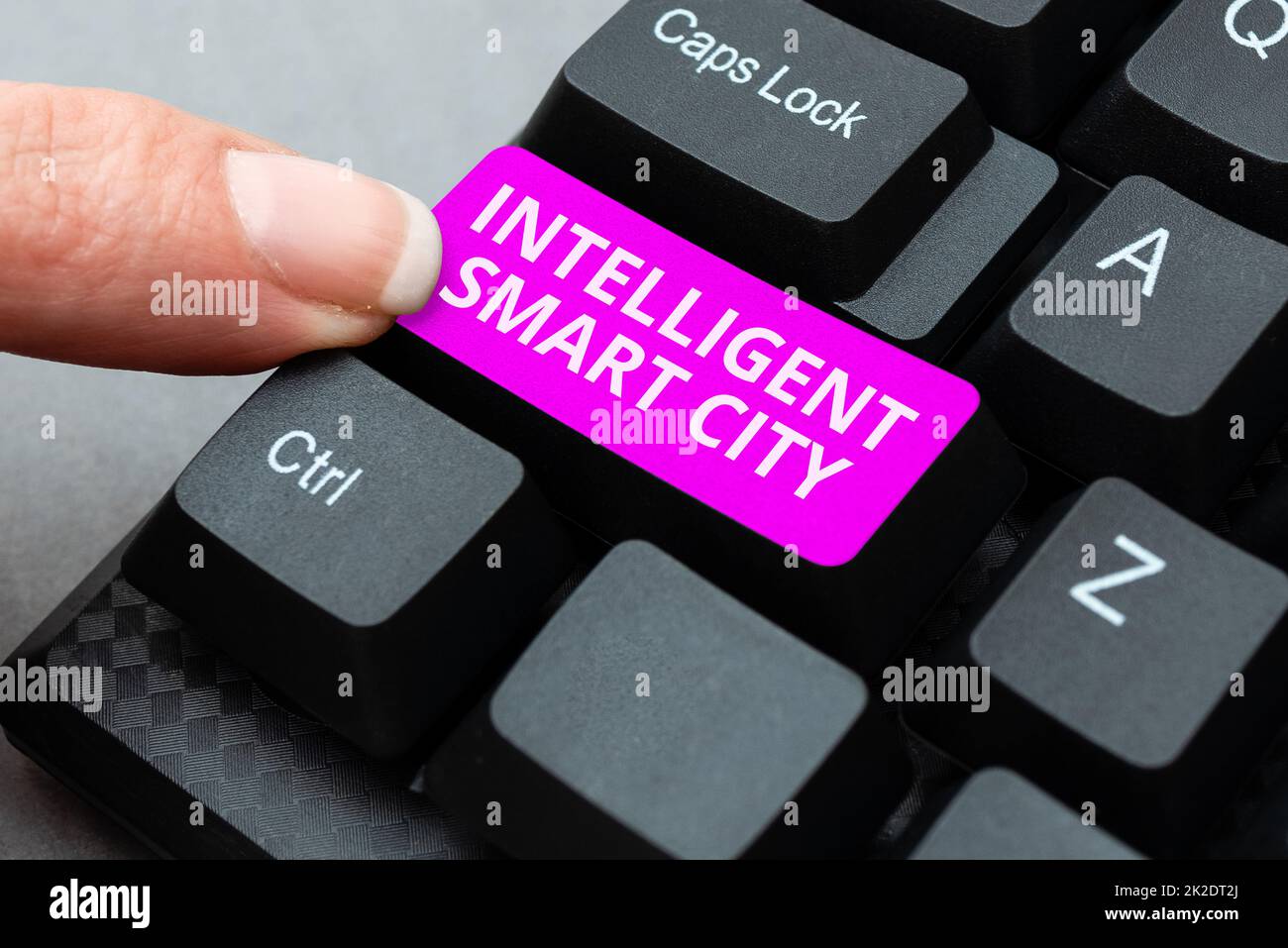 Conceptual display Intelligent Smart City. Internet Concept Urban intelligent building automation system business Typing Character Background Story, Creating New Social Media Account Stock Photo