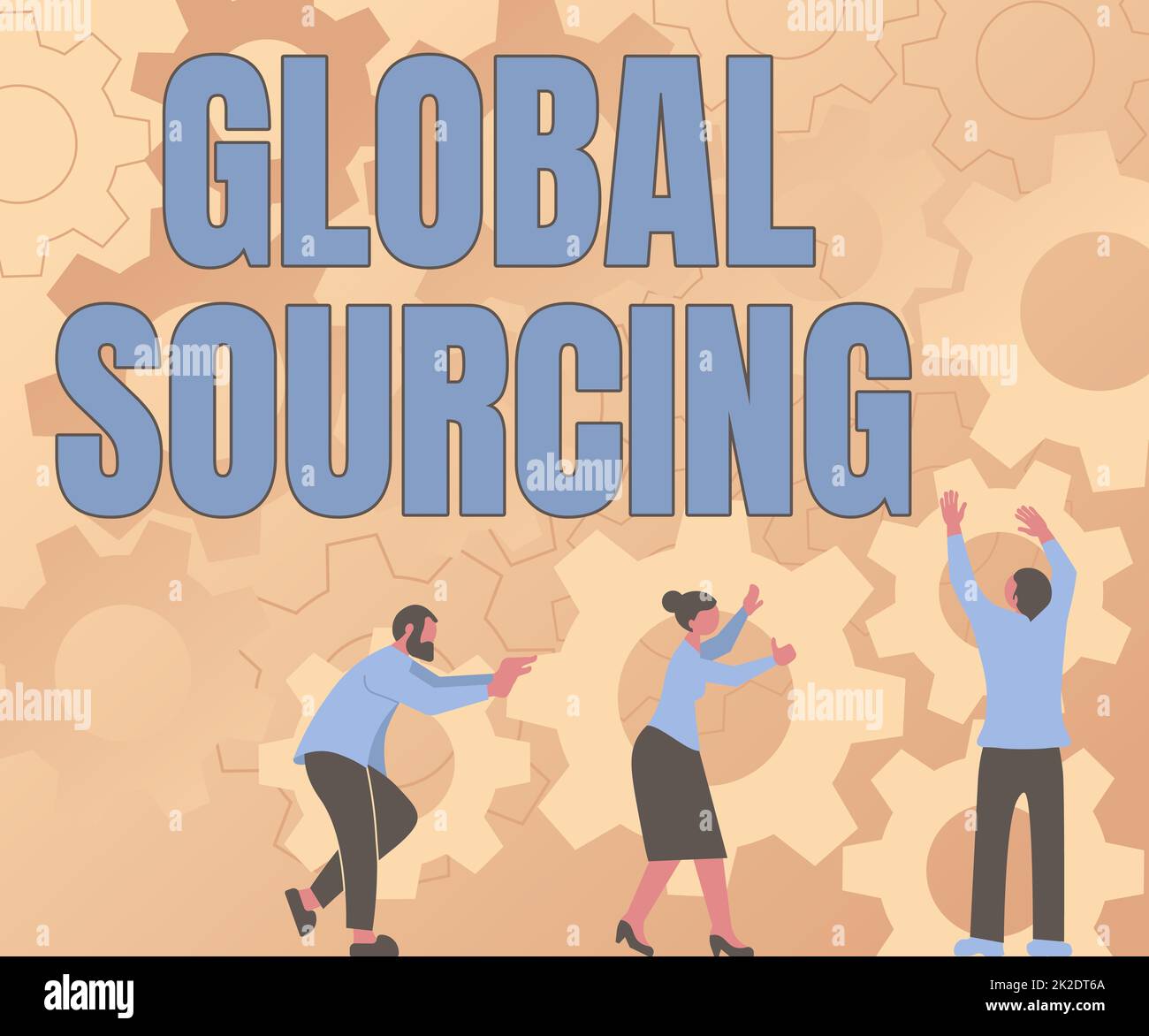 Hand writing sign Global Sourcing. Business concept practice of sourcing from the global market for goods Colleagues Carrying Cogwheels Arranging New Workflow Achieving Teamwork. Stock Photo