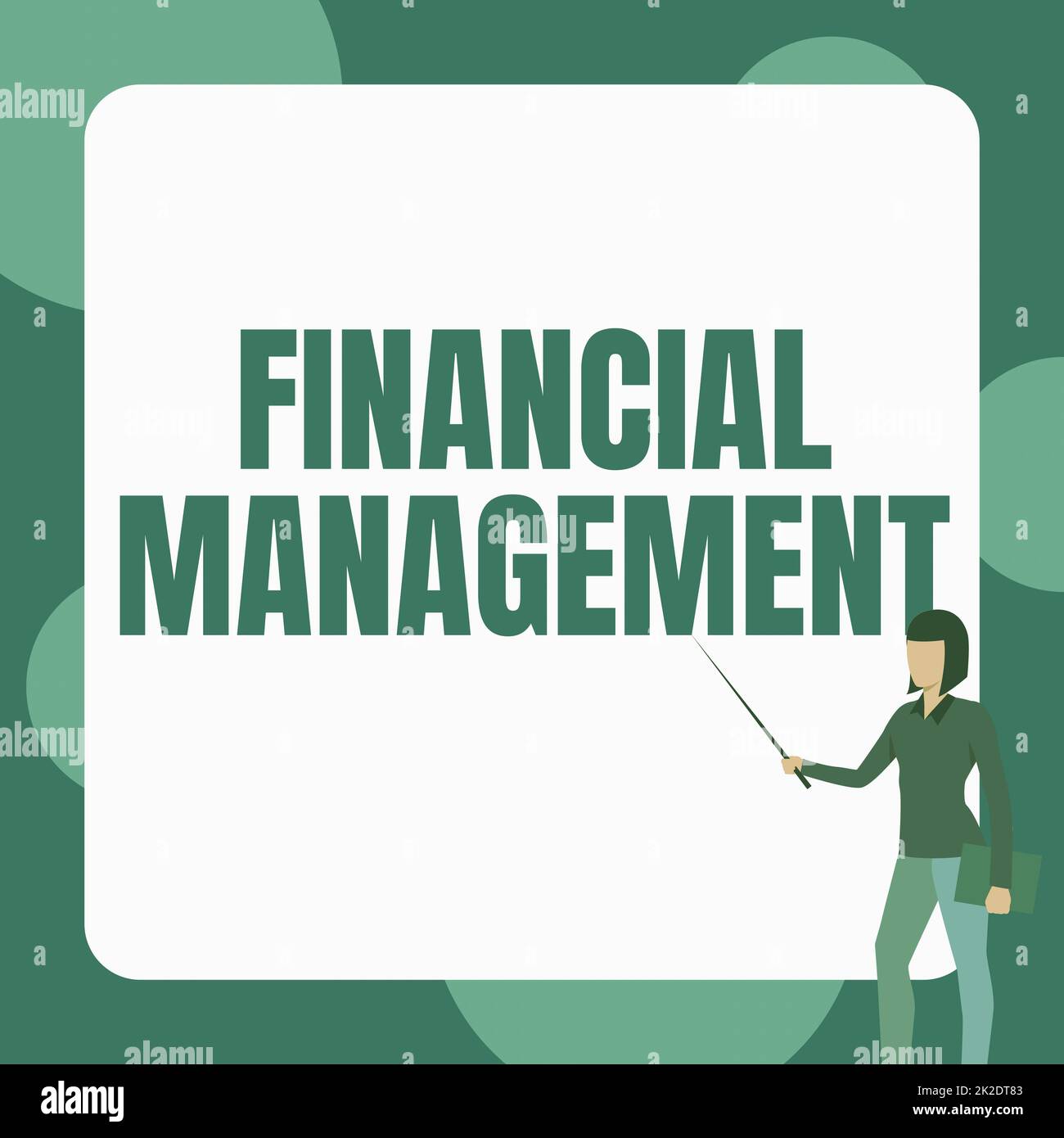 Conceptual caption Financial Management. Concept meaning efficient and effective way to Manage Money and Funds Lady Standing Holding Notebook While Pointing Stick In Blank Whiteboard. Stock Photo