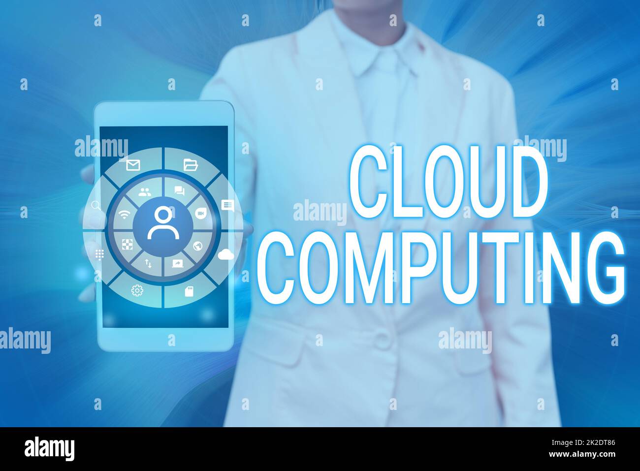 Hand writing sign Cloud Computing. Word for use a network of remote servers hosted on the Internet Lady Pressing Screen Of Mobile Phone Showing The Futuristic Technology Stock Photo