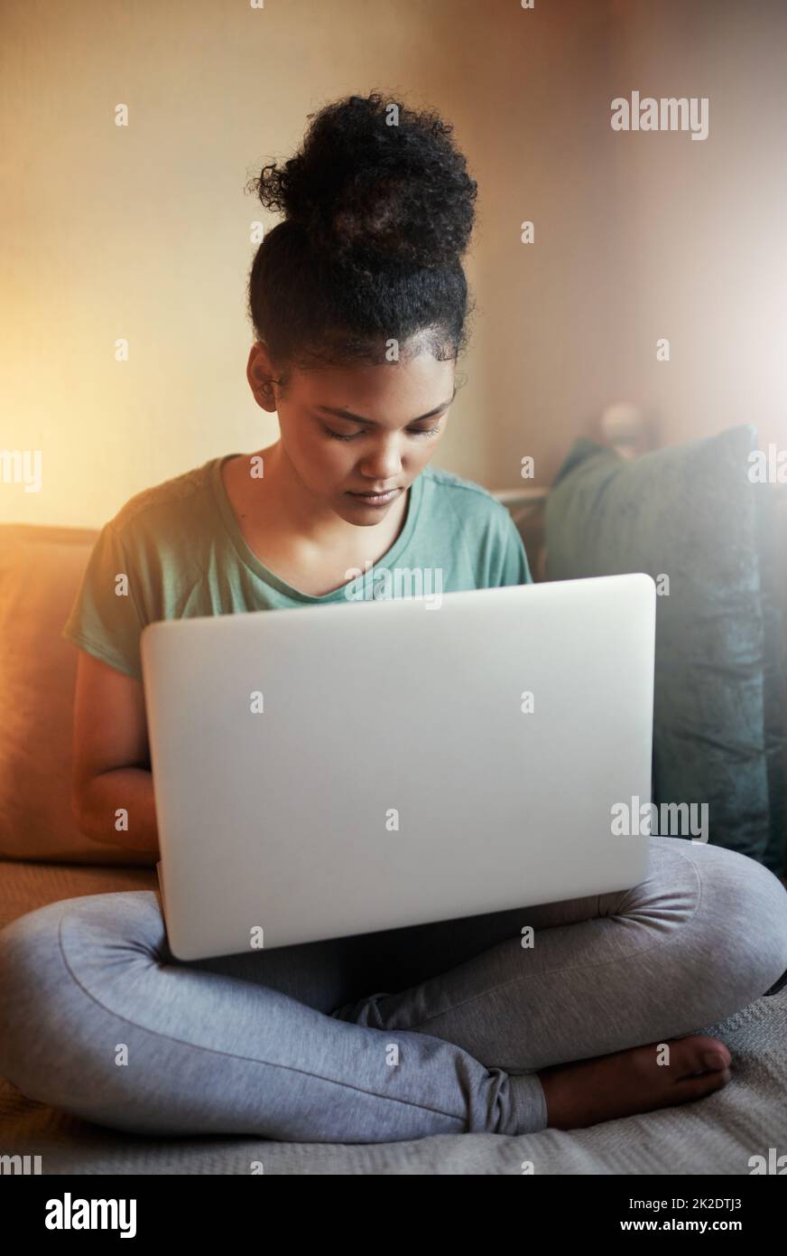 Going through some online study material. Cropped shot of a young female student studying at home. Stock Photo