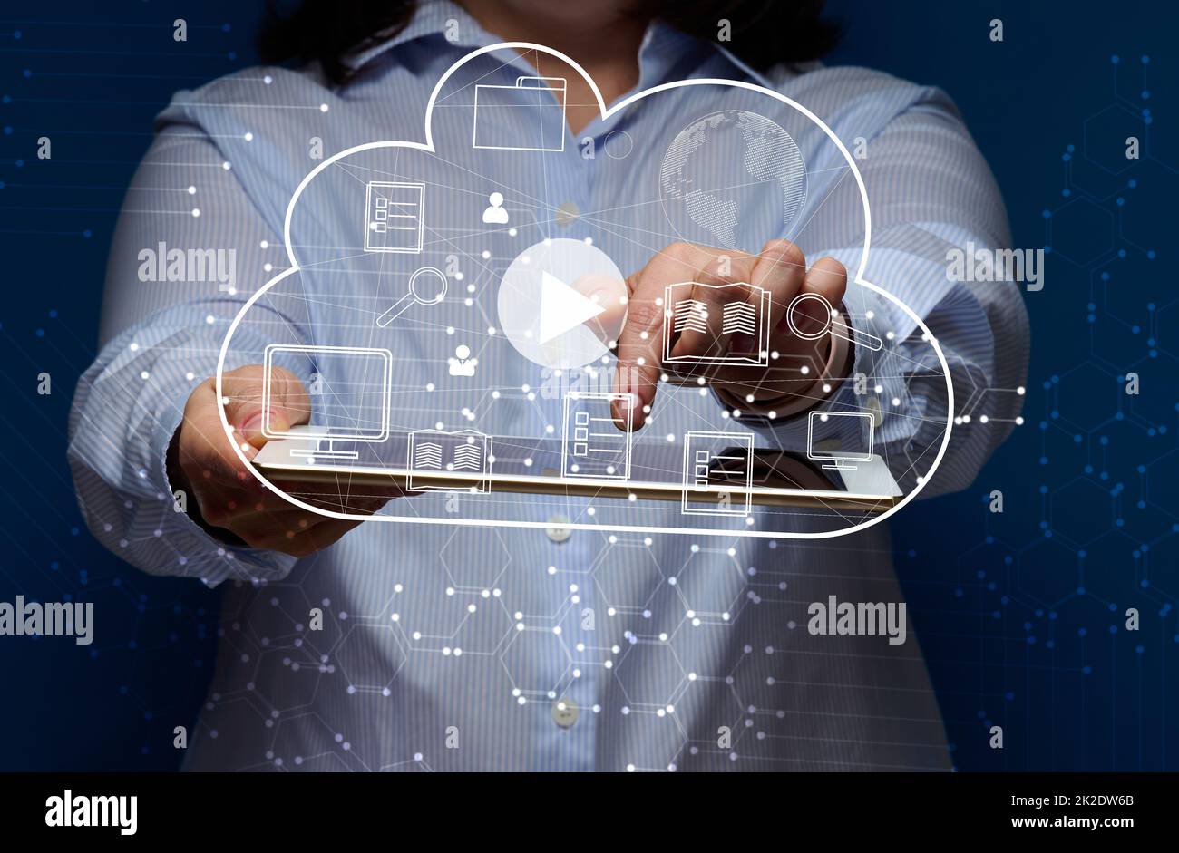 Cloud data storage and a woman holding an electronic tablet. Information exchange and secure data storage. Cloud server and high technology Stock Photo