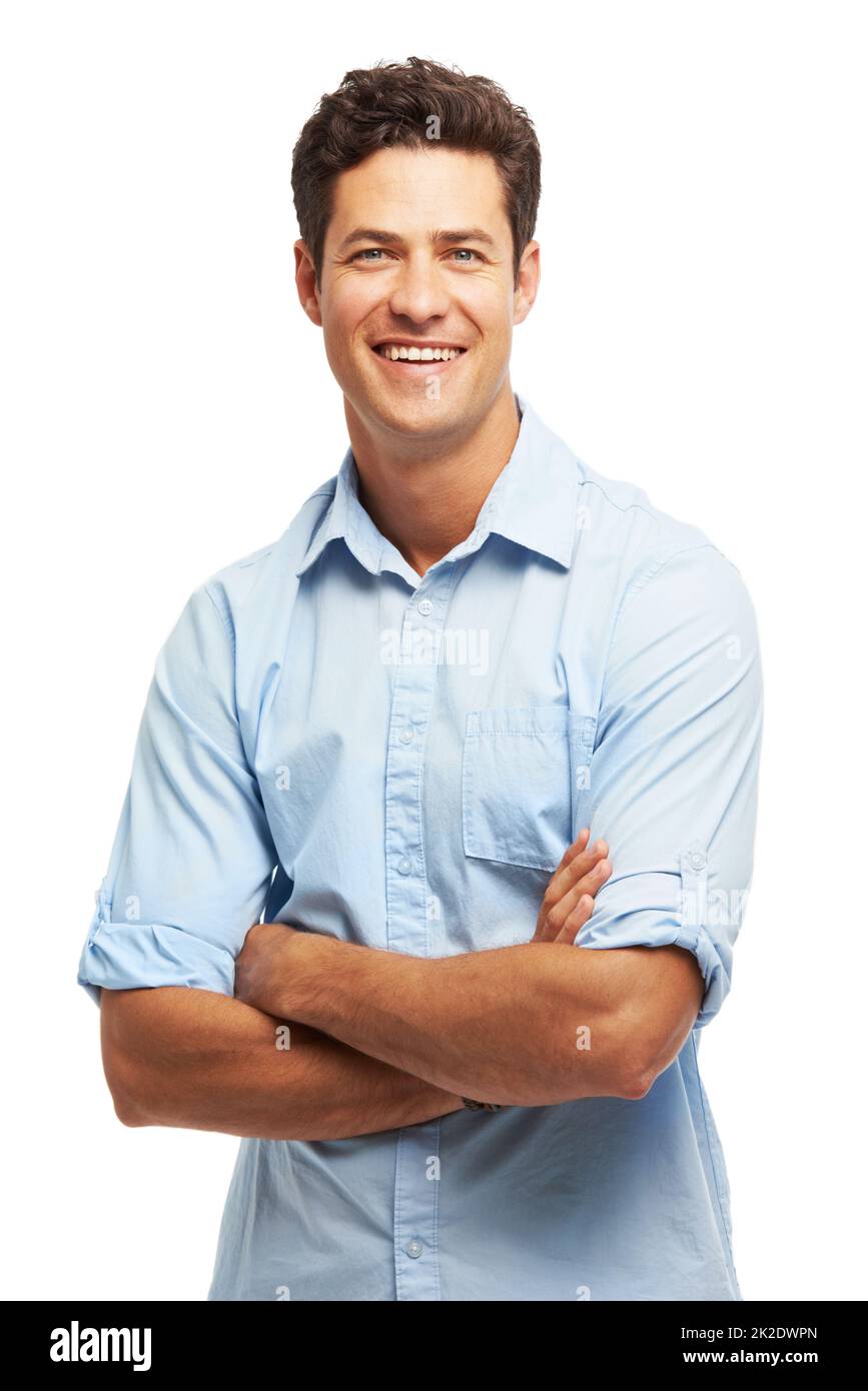 Hes naturally confident. Portrait of a handsome young man standing with his arms folded. Stock Photo