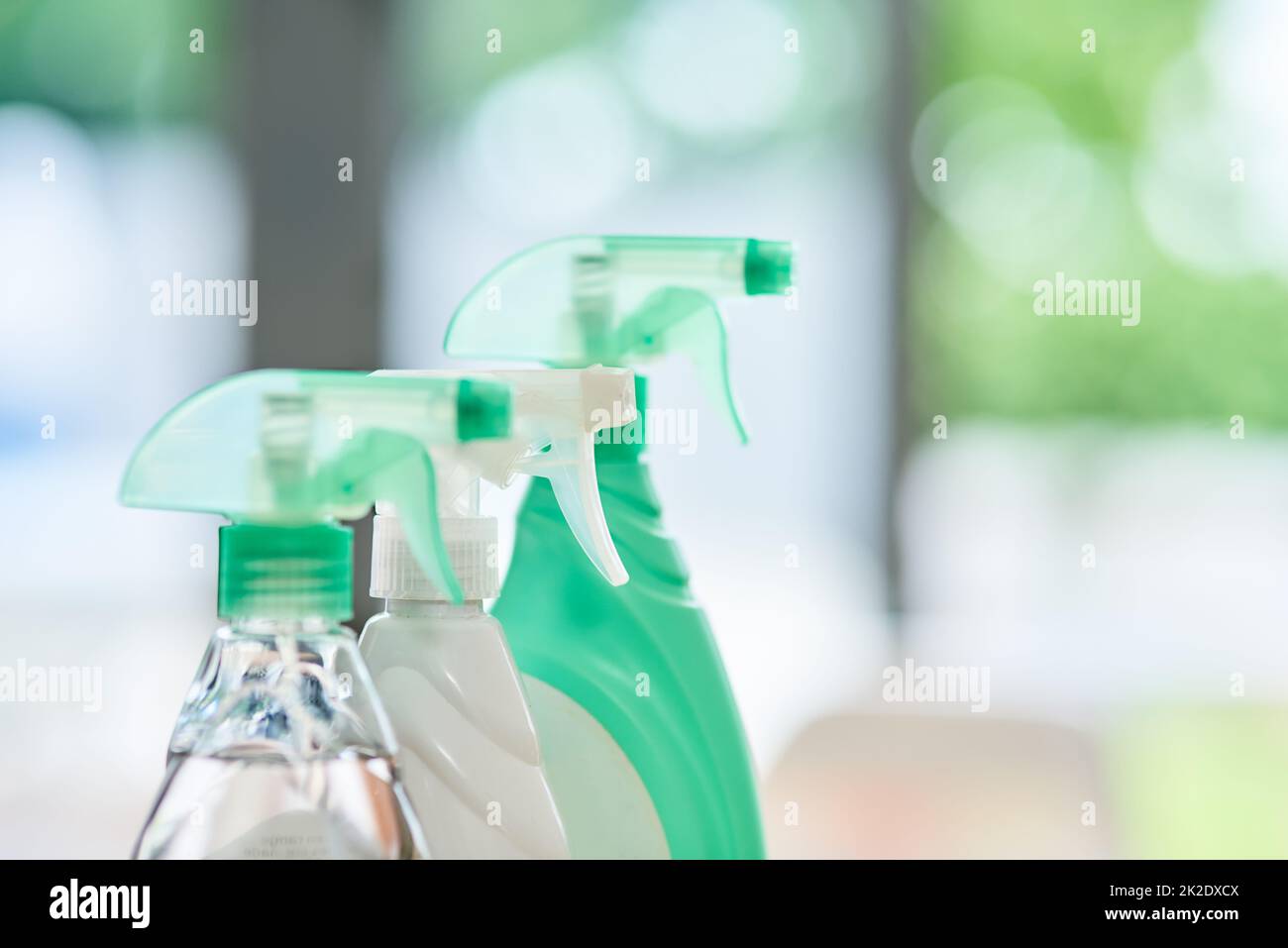 Lining up to do their chores. Shot of cleaning detergent at home with no people. Stock Photo