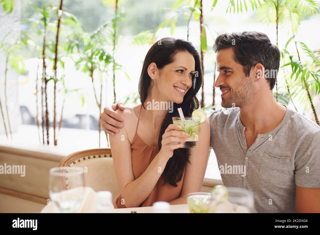 Thanks for treating me. A couple on a romantic date at a fine dining restaurant. Stock Photo