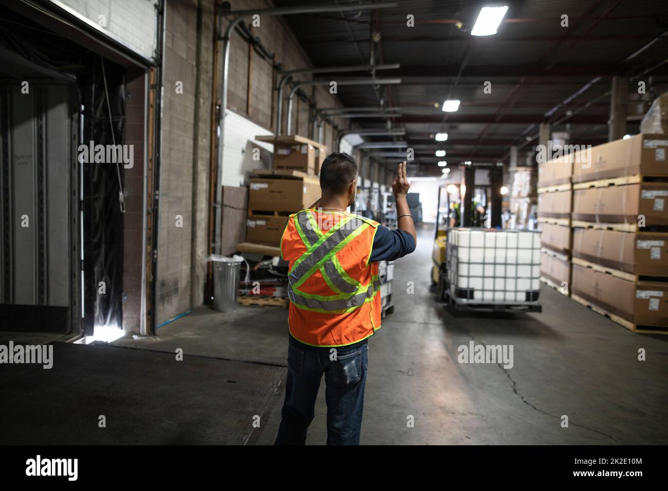 Worker directing forklift driver in distribution warehouse Stock Photo