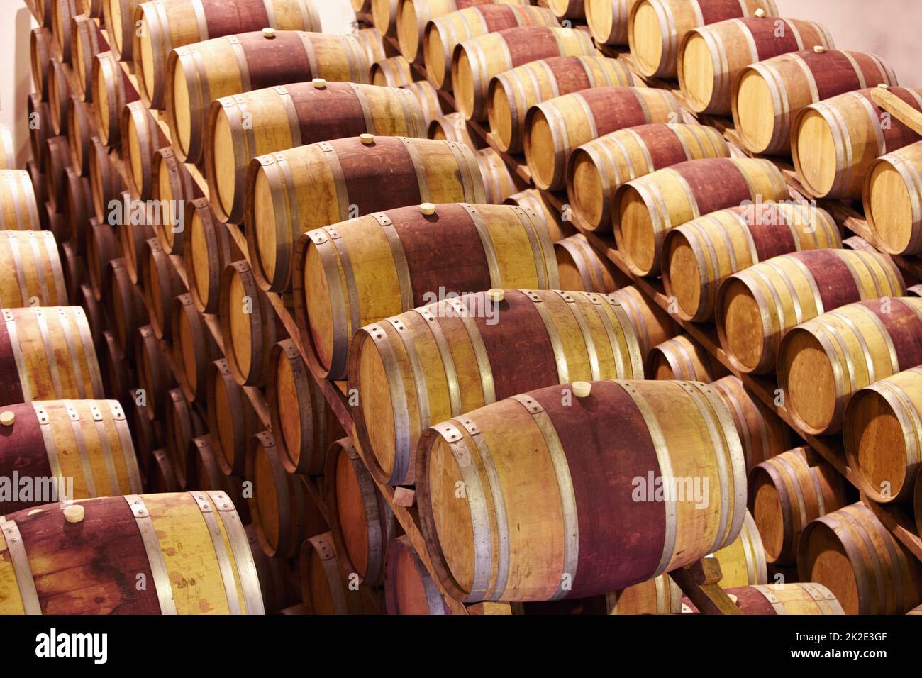 Waiting until the time is right. Red wine barrels stored in wine cellar