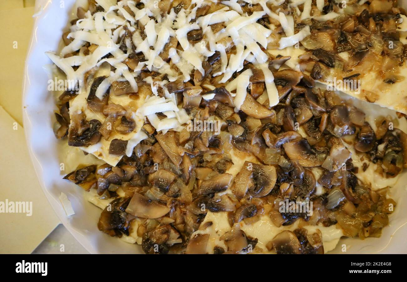 Cooking homemade mushroom lasagna with cheese, top view, background of delicious food Stock Photo