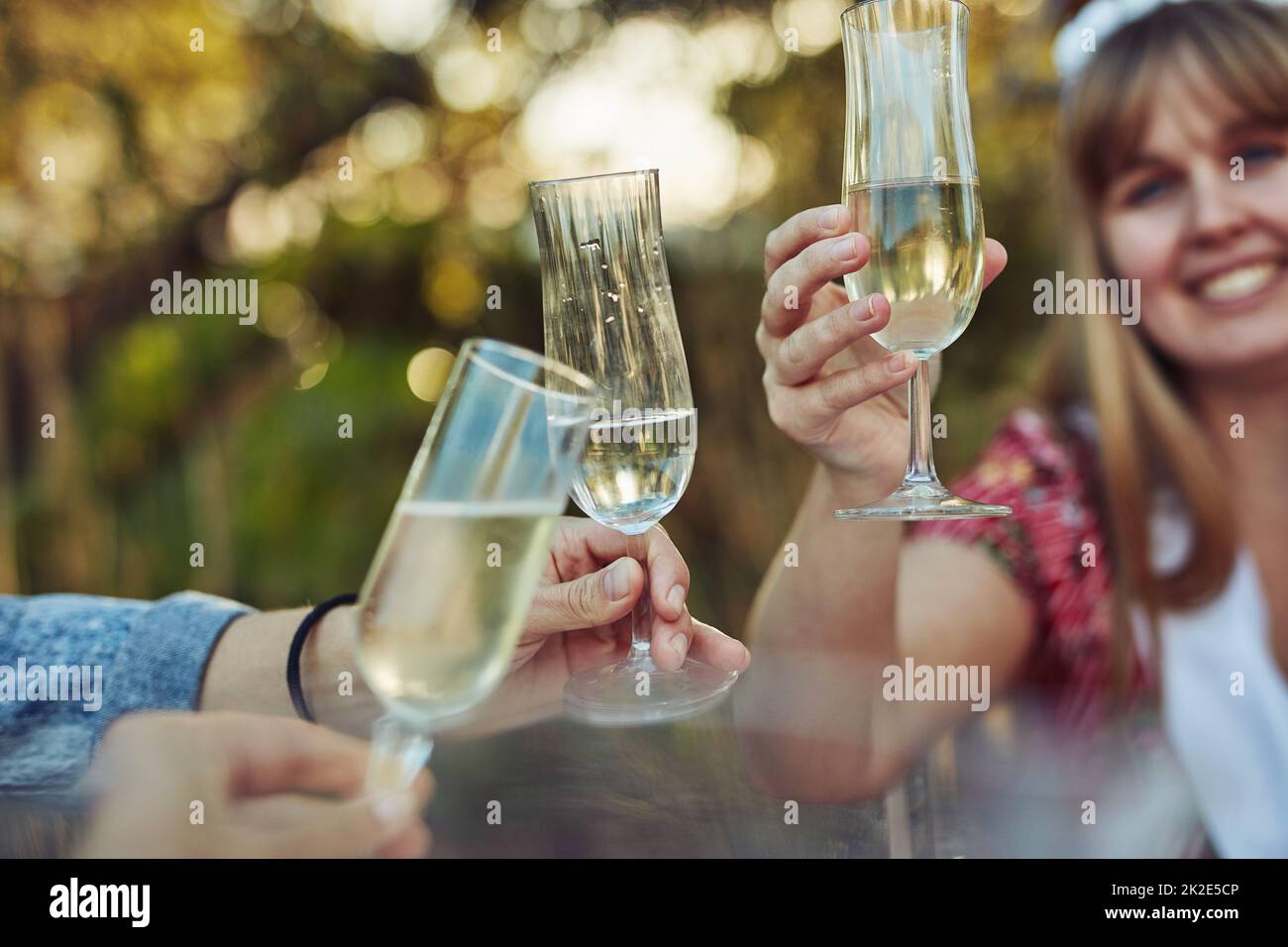 Its a beautiful day to celebrate and have champagne. Cropped shot of unrecognizable women toasting with champagne at a tea party outside. Stock Photo