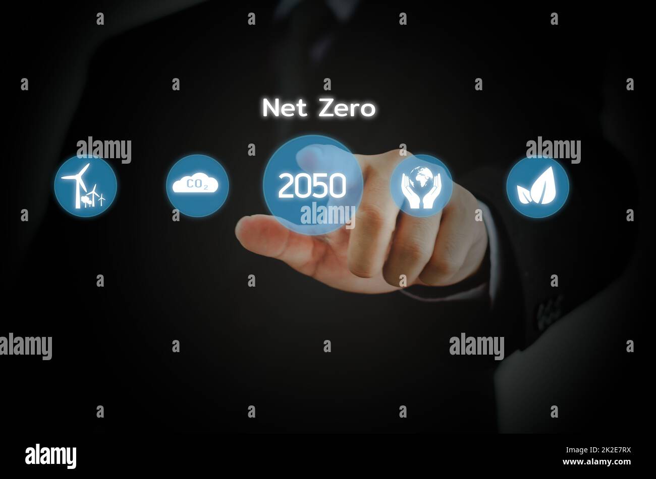 Businessman touching net zero virtual screen Internet Business Technology Concept. Stock Photo