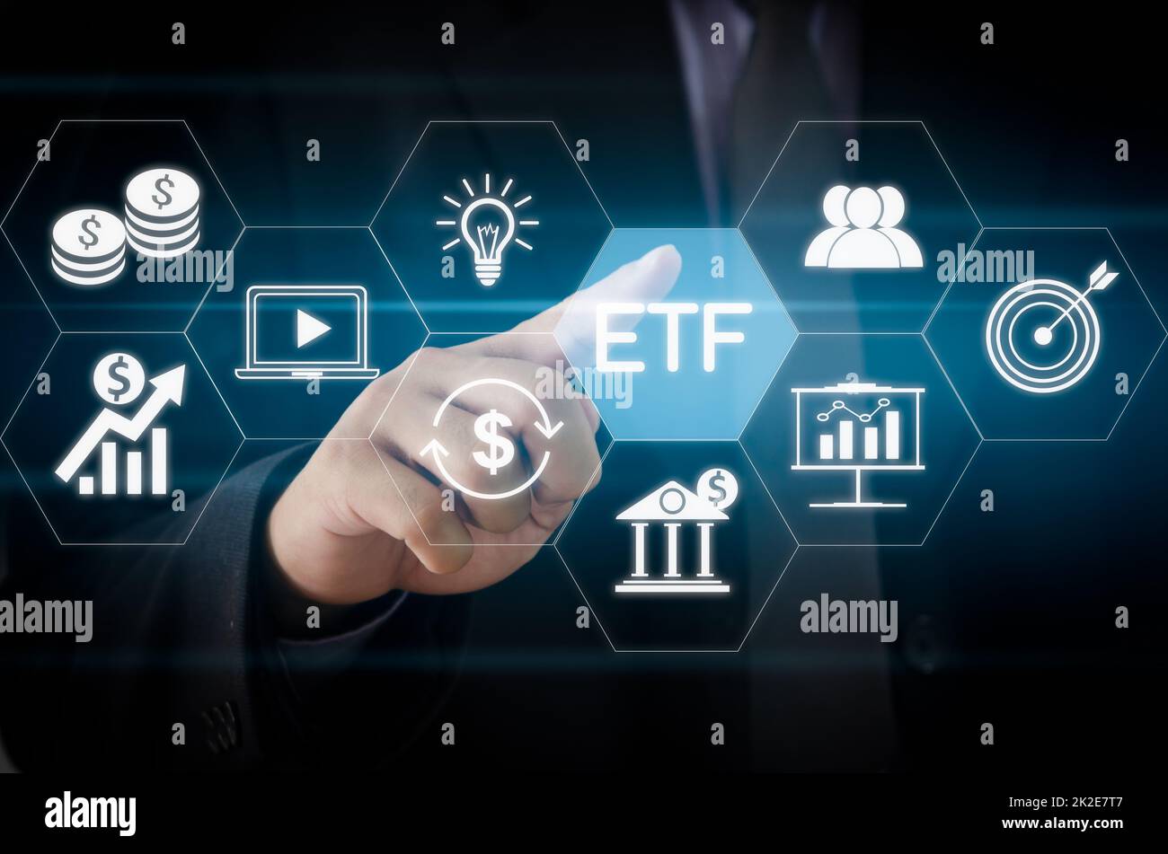 Hand businessman icon ETF Exchange Traded Fund virtual screen Internet Business stock market finance Index Fund Concept. Stock Photo