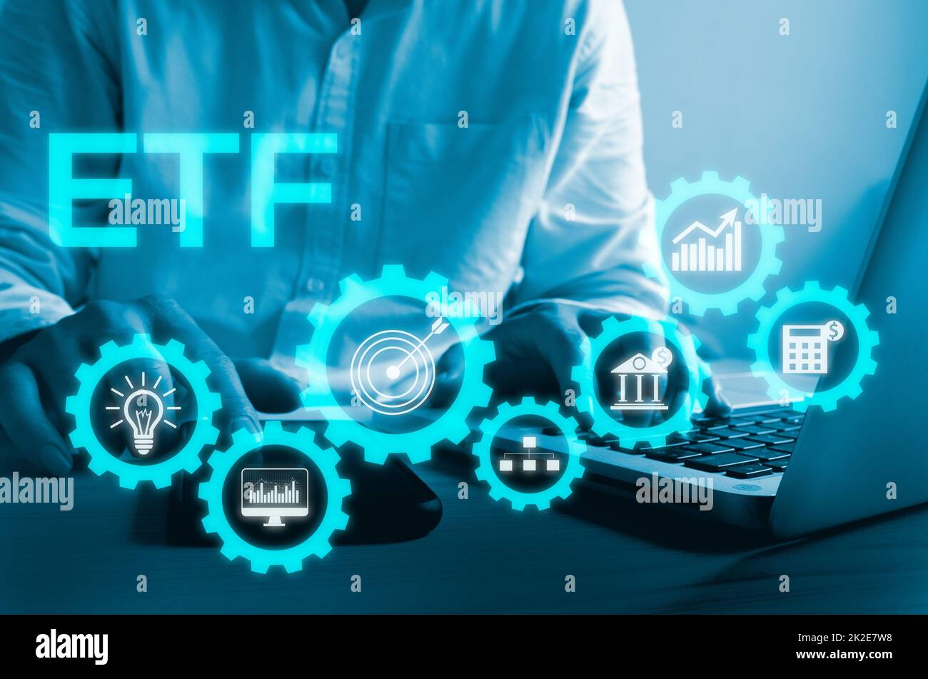 hand touching screen digital virtual futuristic interface icon ETF Exchange Traded Fund. Business stock market finance Index Concept. Stock Photo