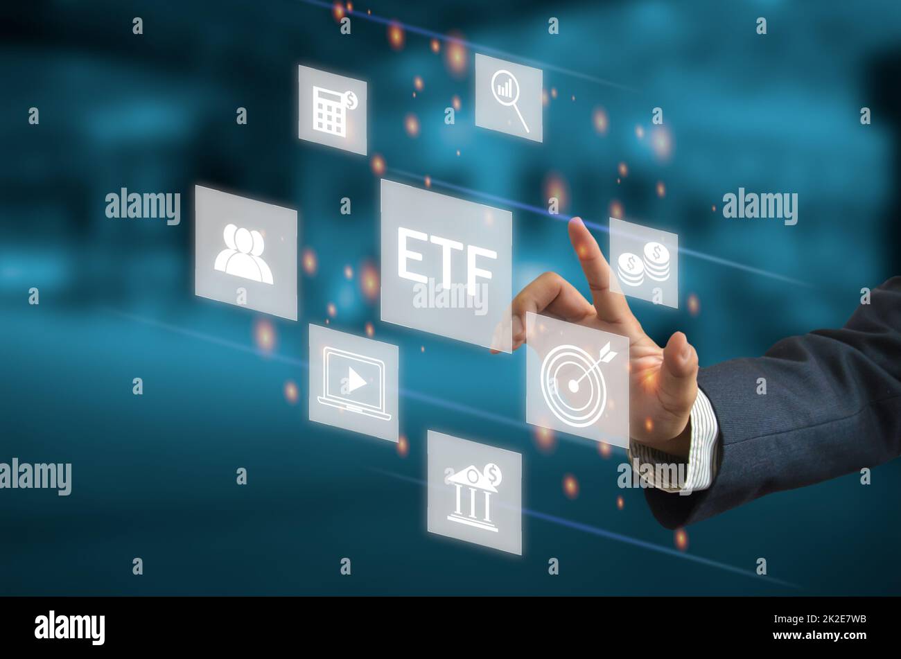 hand touching screen digital virtual futuristic interface icon ETF Exchange Traded Fund. Business stock market finance Index Concept. Stock Photo