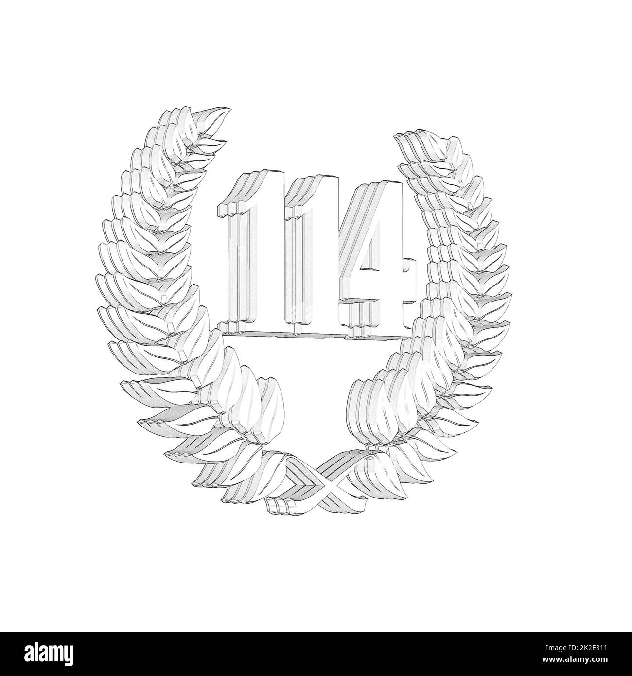Number 114 with laurel wreath or honor wreath as a 3D-illustration, 3D-rendering Stock Photo