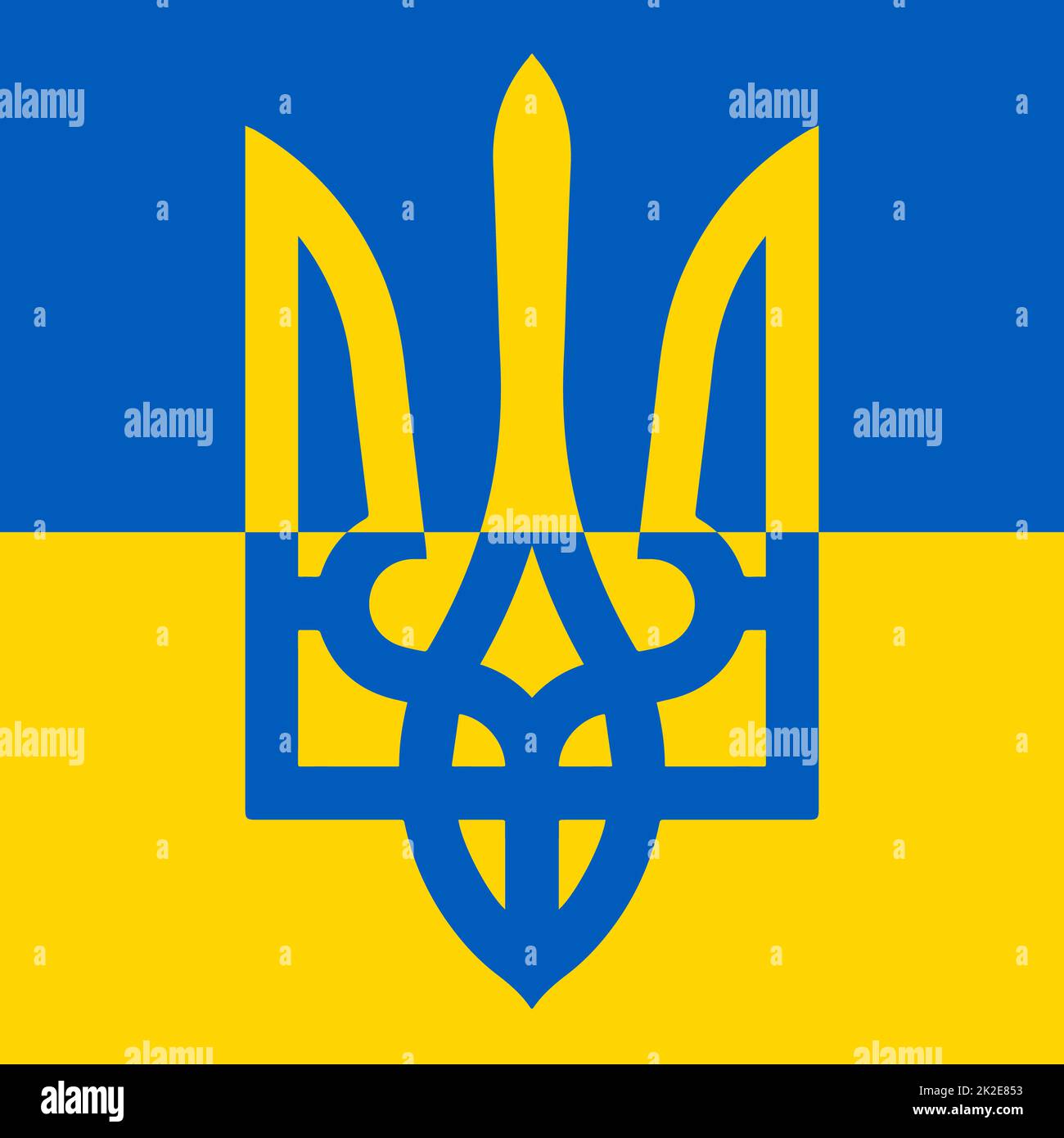 The small coat of arms of Ukraine - tryzub is one of the three official symbols of the state. National Ukrainian emblem - Trident in national flag colors. Yellow blue trident - vector illustration. Stock Photo