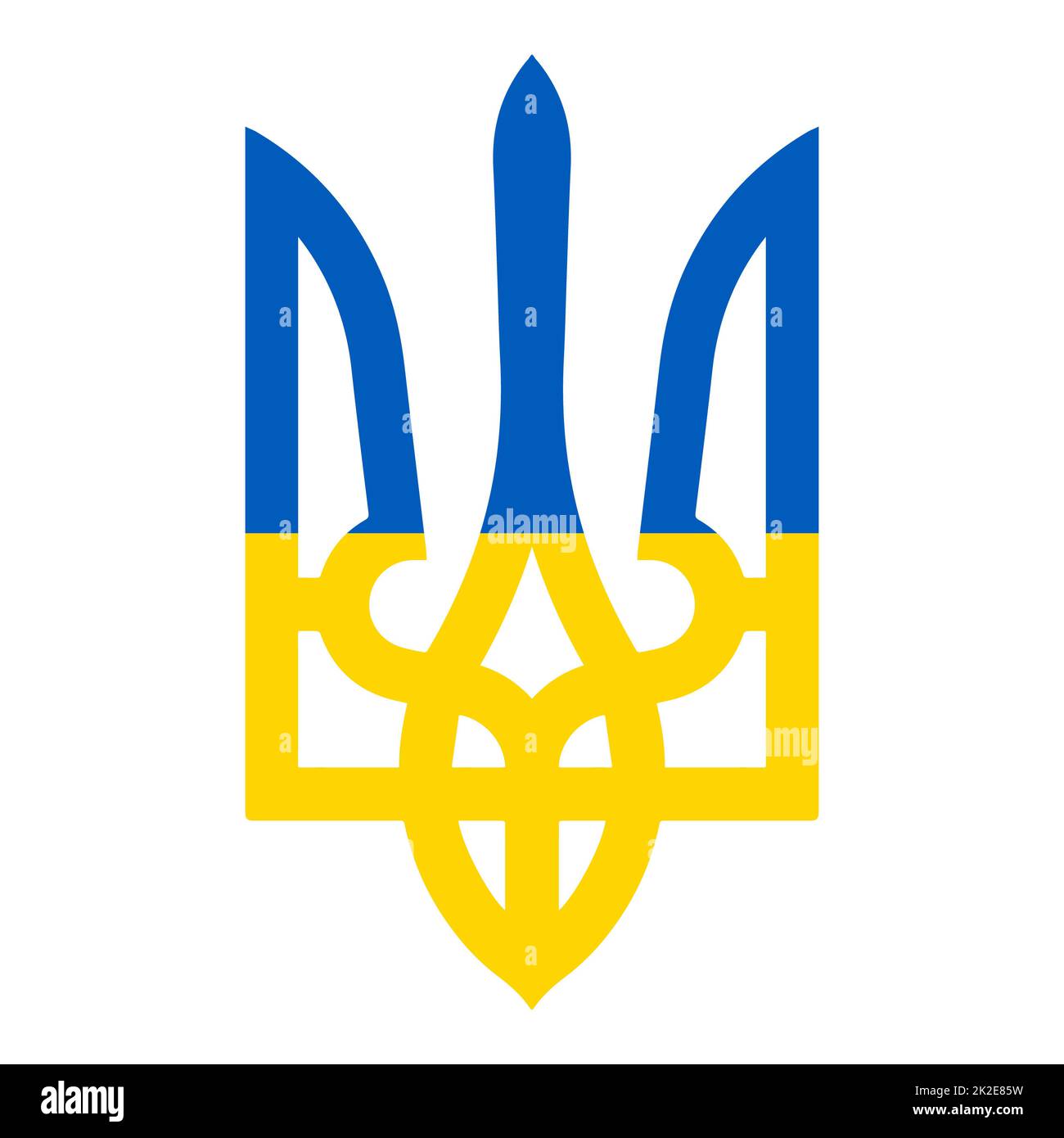 Yellow blue trident - vector illustration. The small coat of arms of Ukraine - tryzub is one of the three official symbols of the state. National Ukrainian emblem - Trident in national flag colors. Stock Photo