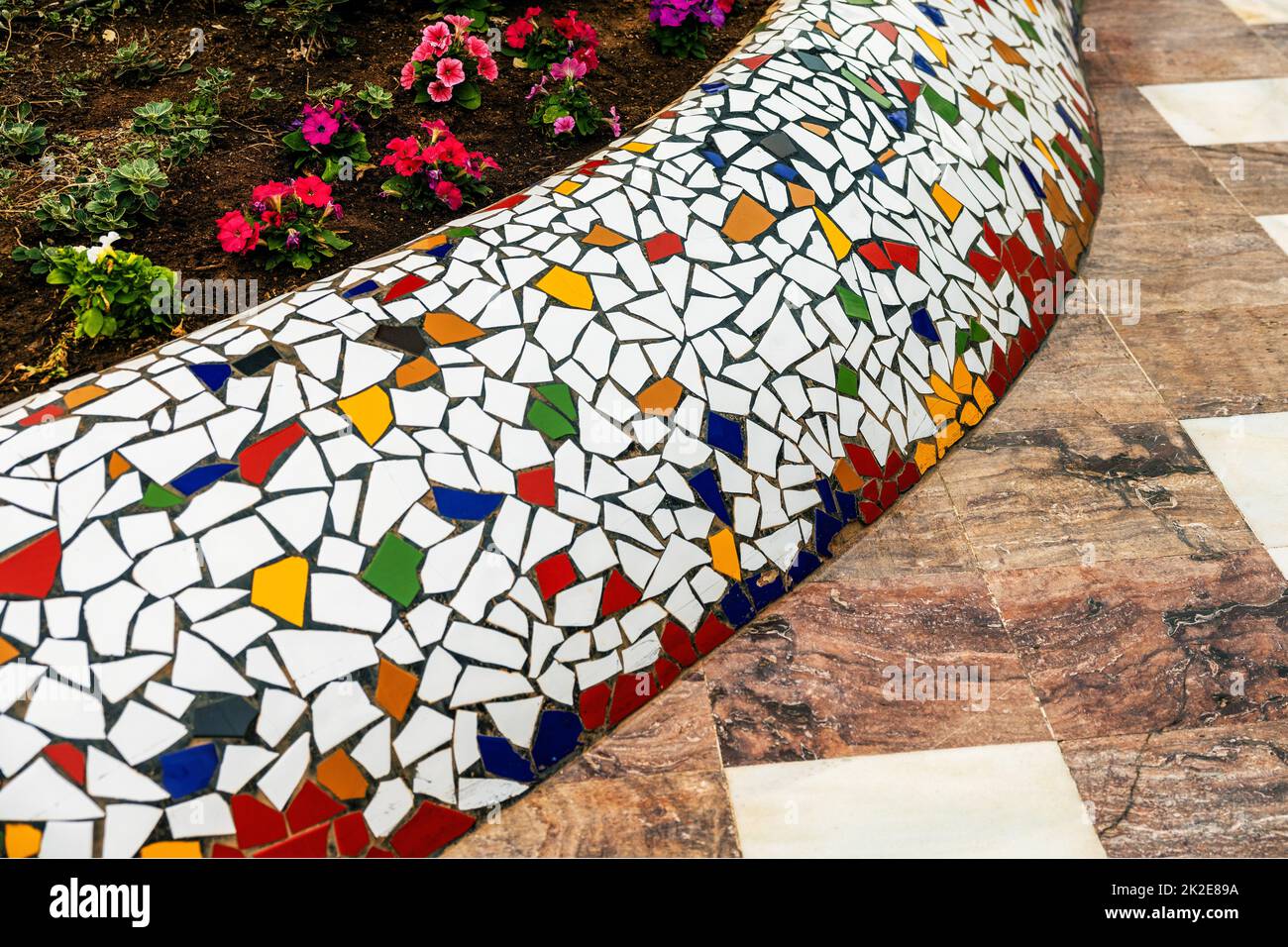 trencadis - broken tile mosaics in the park. Spain Stock Photo
