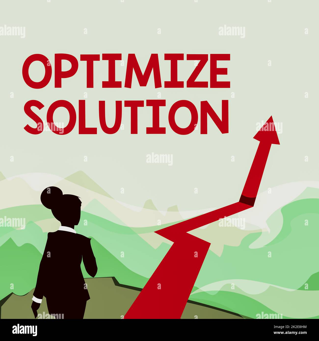 Conceptual display Optimize Solution. Word for process of finding the greatest value of the solution Lady Walking Towards Mountains With An Arrow Marking Success Stock Photo