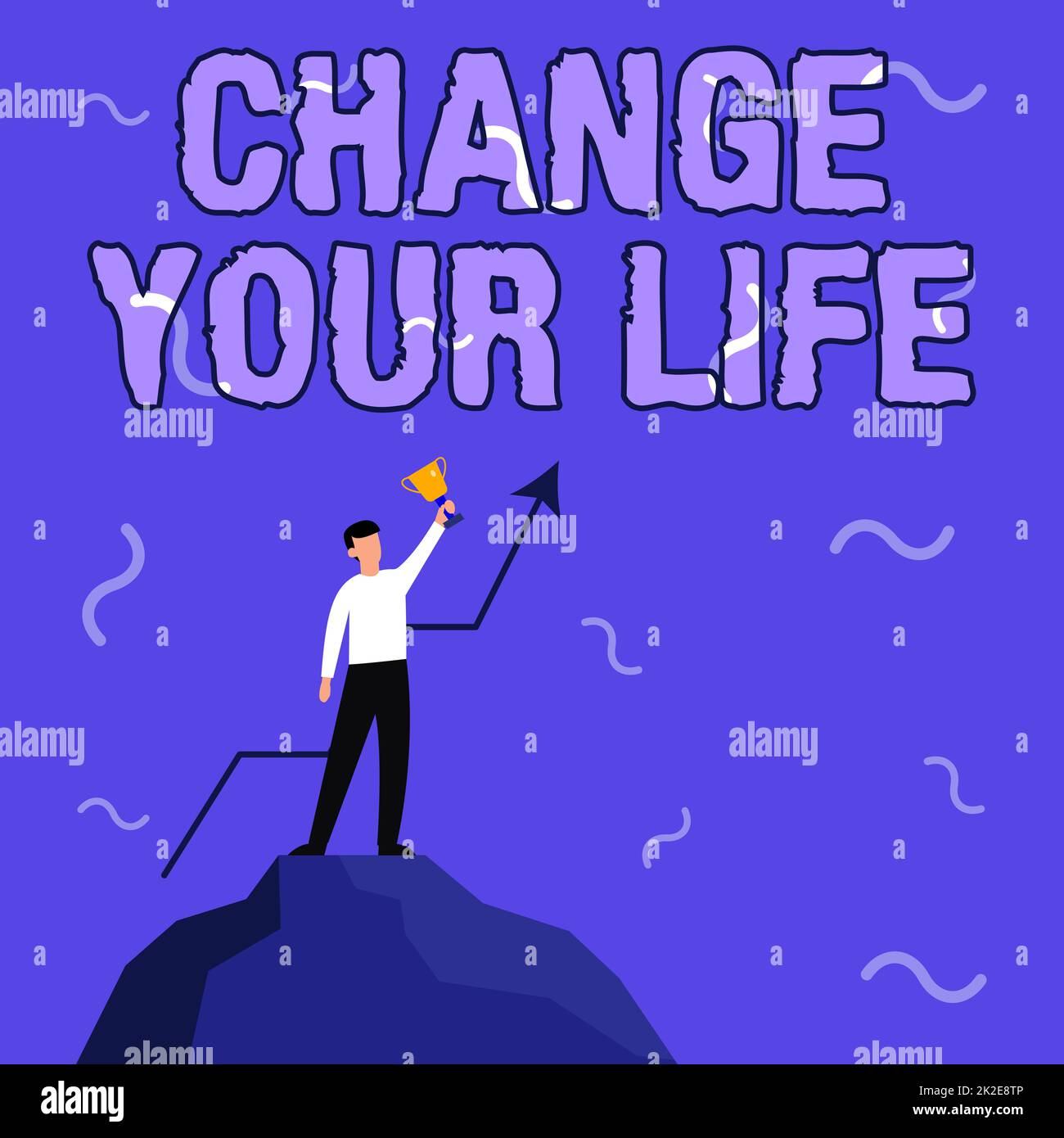 Text showing inspiration Change Your Life. Conceptual photo set life goals and reward yourself when you achieve them Businessman Drawing Standing On Big Rock Proudly Holding Trophy. Stock Photo
