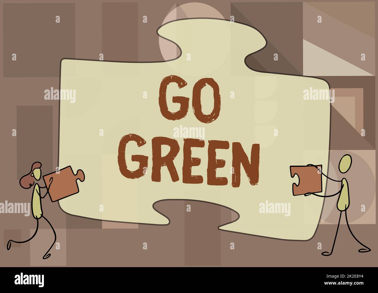 Text caption presenting Go Green. Business concept making more environmentally friendly decisions as reduce recycle Colleagues Drawing Fitting Two Pieces Of Jigsaw Puzzle Together Teamwork. Stock Photo