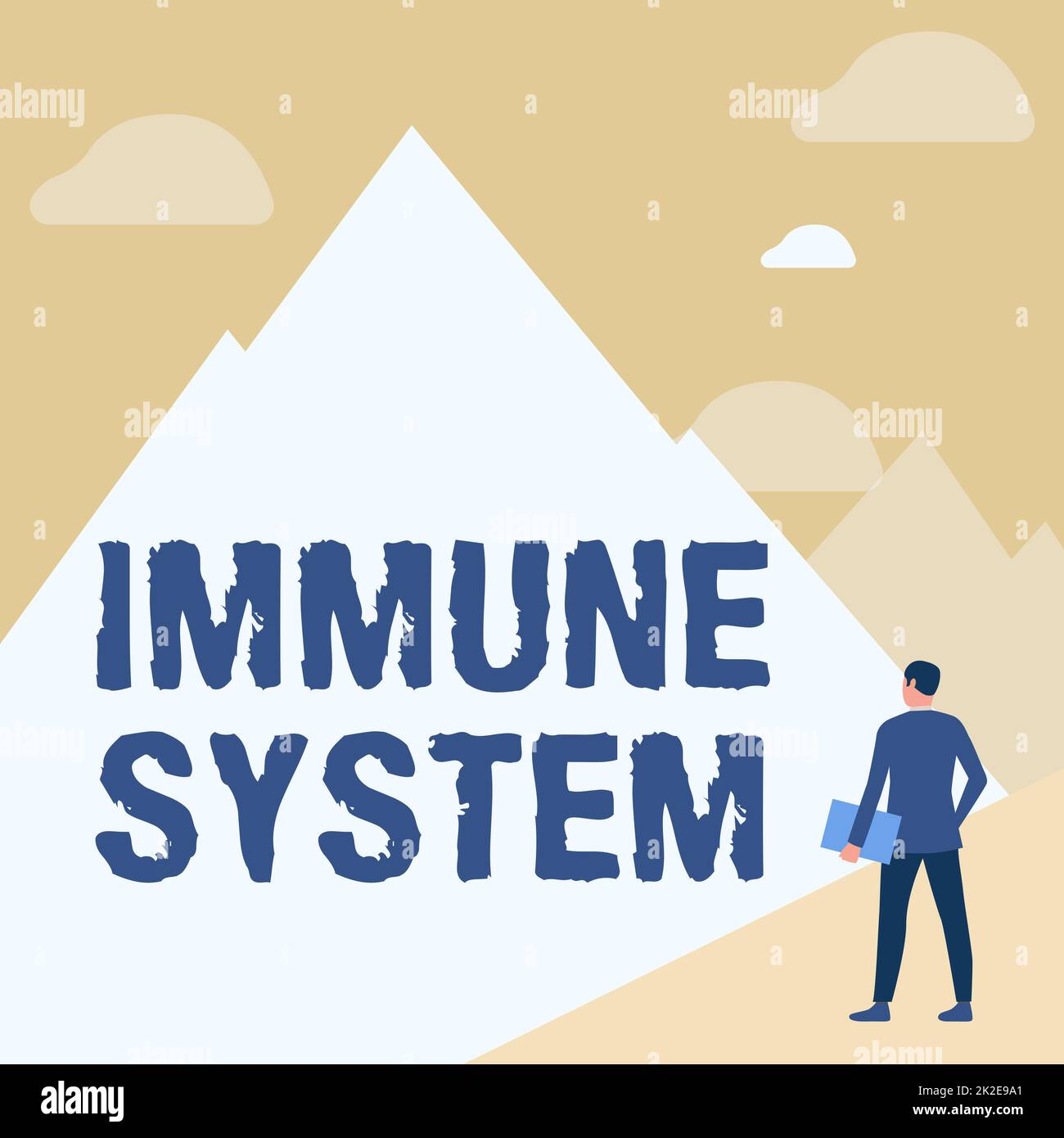 Text caption presenting Immune System. Business overview host defense system comprising many biological structures Gentleman In Suit Standing Holding Notebook Facing Tall Mountain Range. Stock Photo