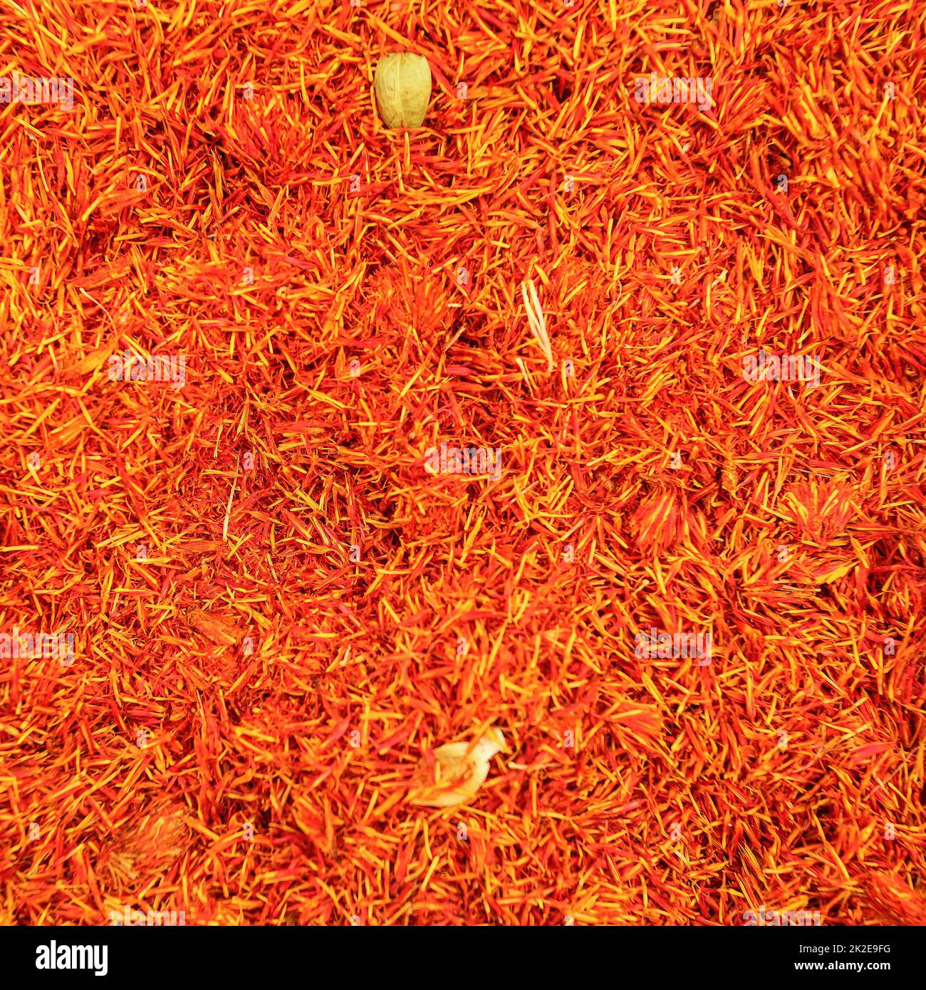 Top view, detail on bright orange red saffron (Crocus sativus) spice