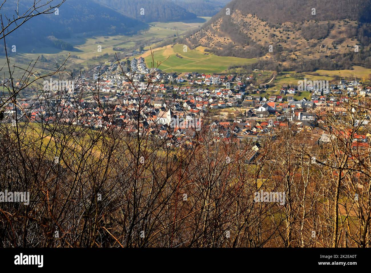 Panoramic view of the Swabian Alb to the village of Bad Ditzenba Stock Photo