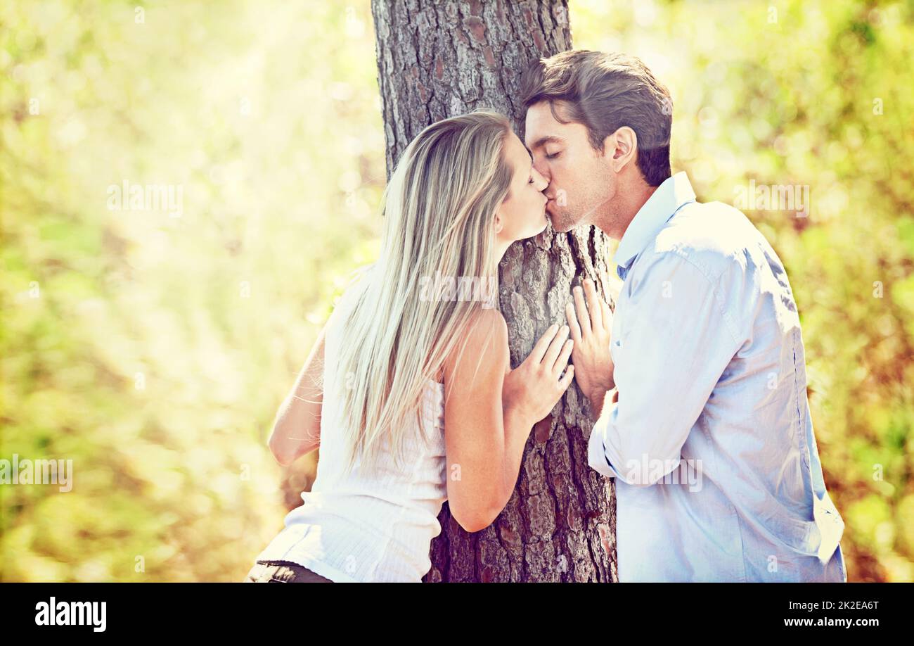Caught up in the romance. Shot of a young couple kissing by a tree. Stock Photo