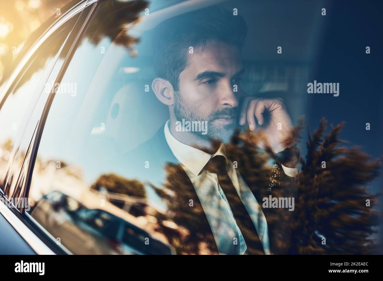 Success is in the calls you make. Cropped shot of a handsome young corporate businessman on a call while commuting. Stock Photo
