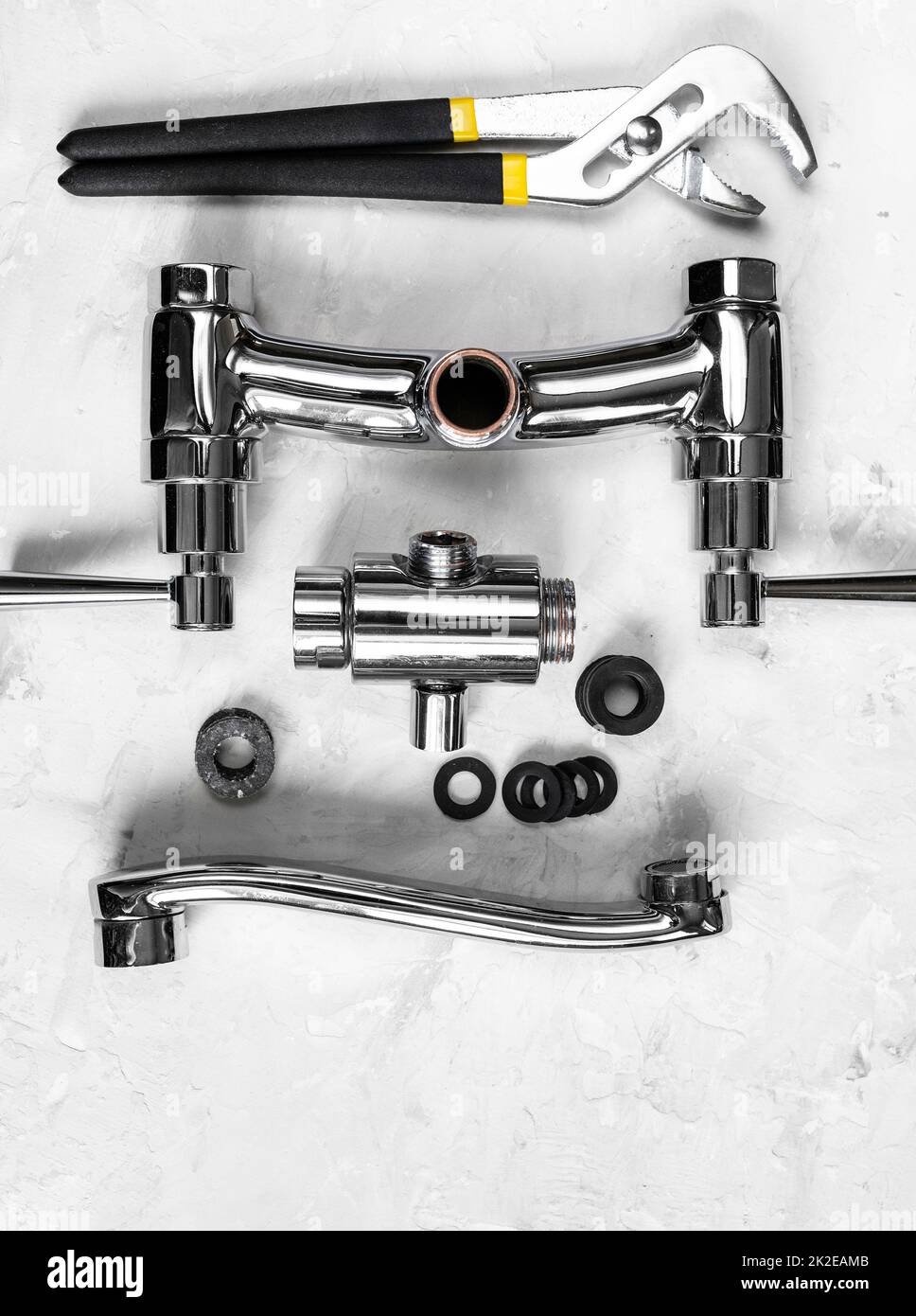 top view of wrench, faucet valve, diverter, spout Stock Photo Alamy