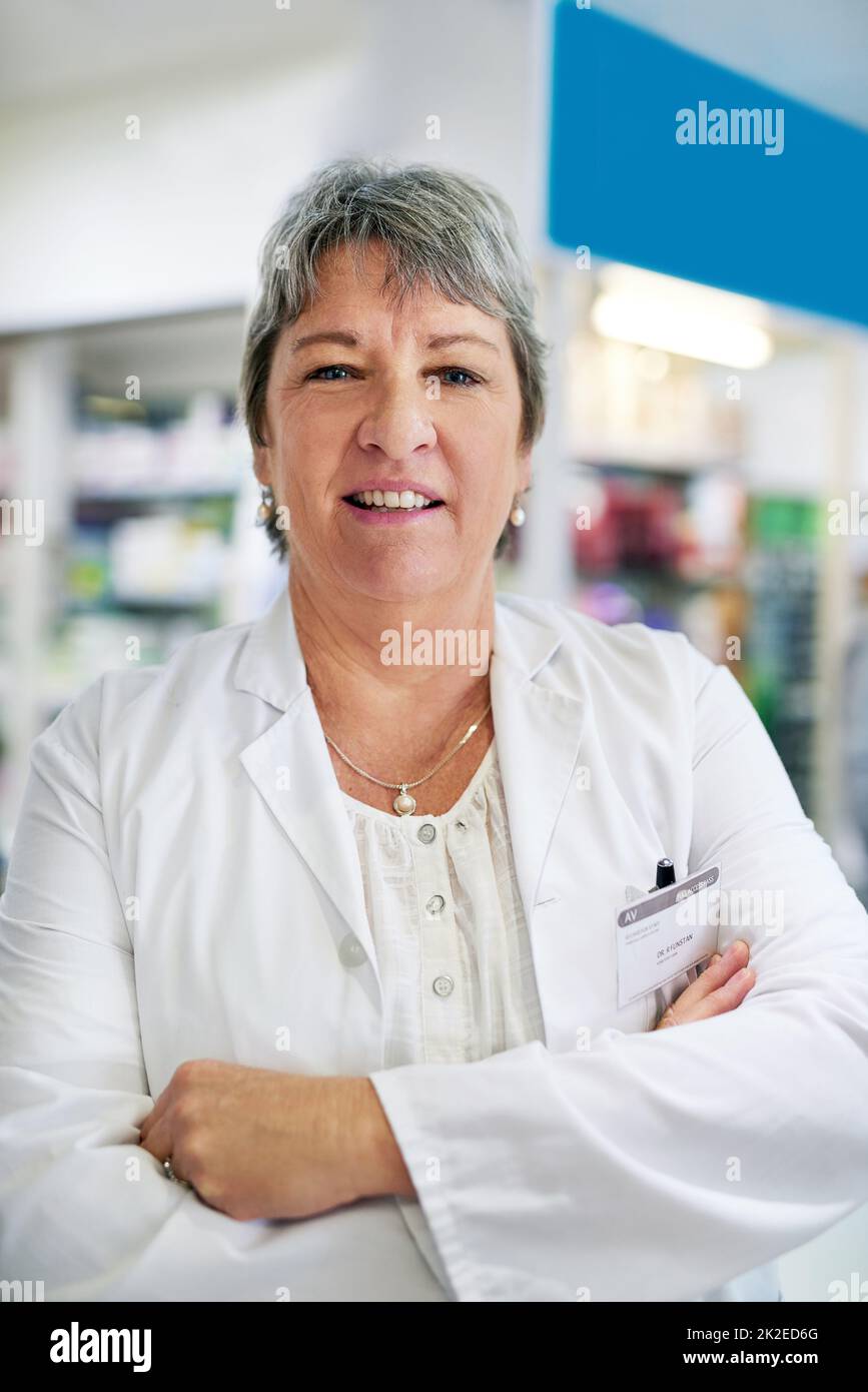 Addressing your health concerns with professionalism and expertise. Portrait of a confident mature woman working in a pharmacy. Stock Photo