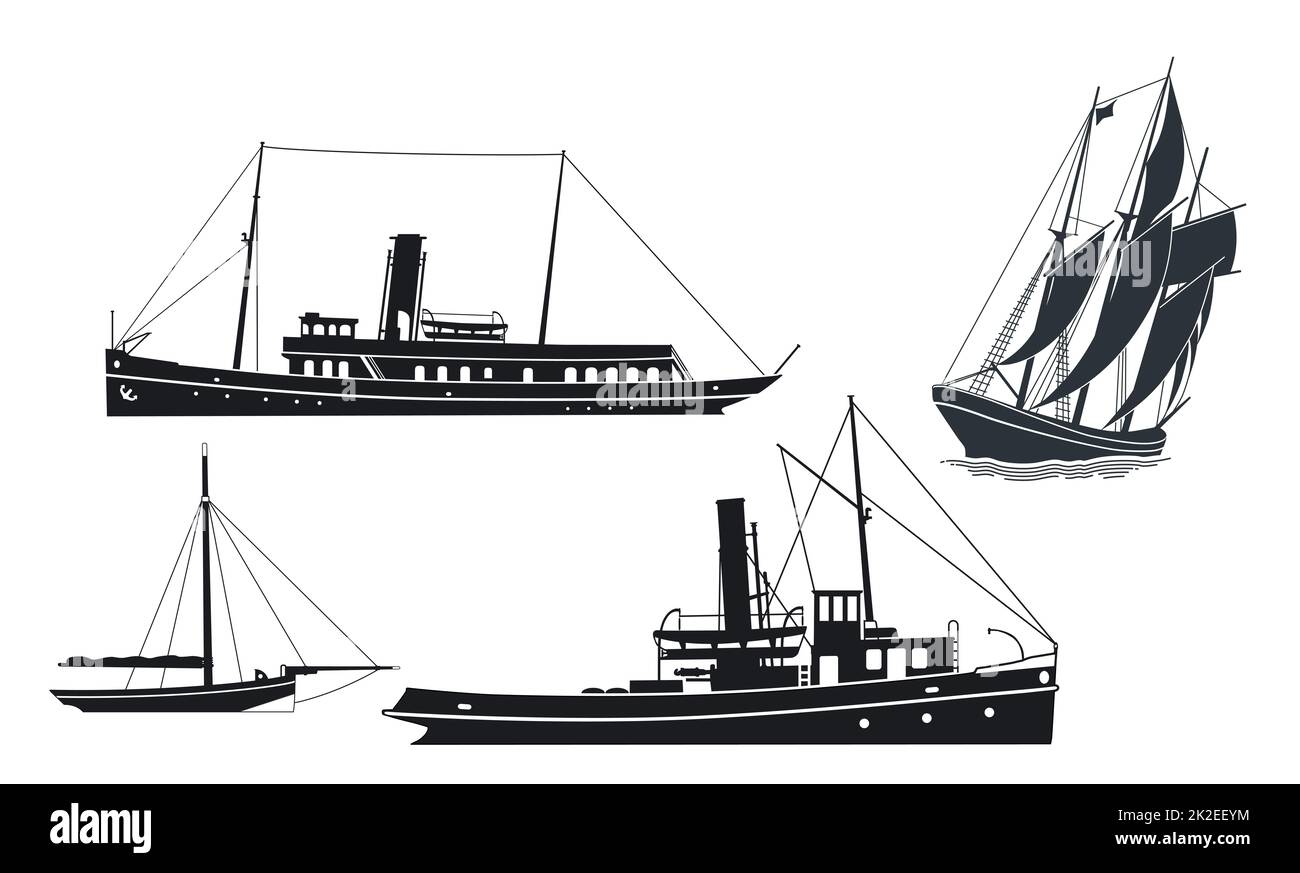 Steamships and Sailing ship, isolated on white, illustration Stock Photo